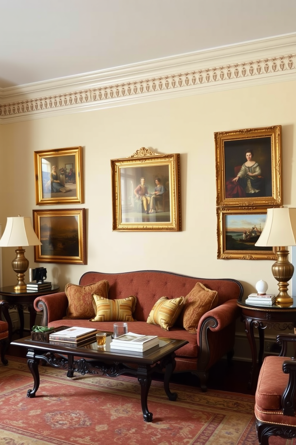 A traditional living room features elegant framed artwork in gilded frames adorning the walls. The room is furnished with a plush sofa in rich fabrics, complemented by ornate side tables and a classic area rug.