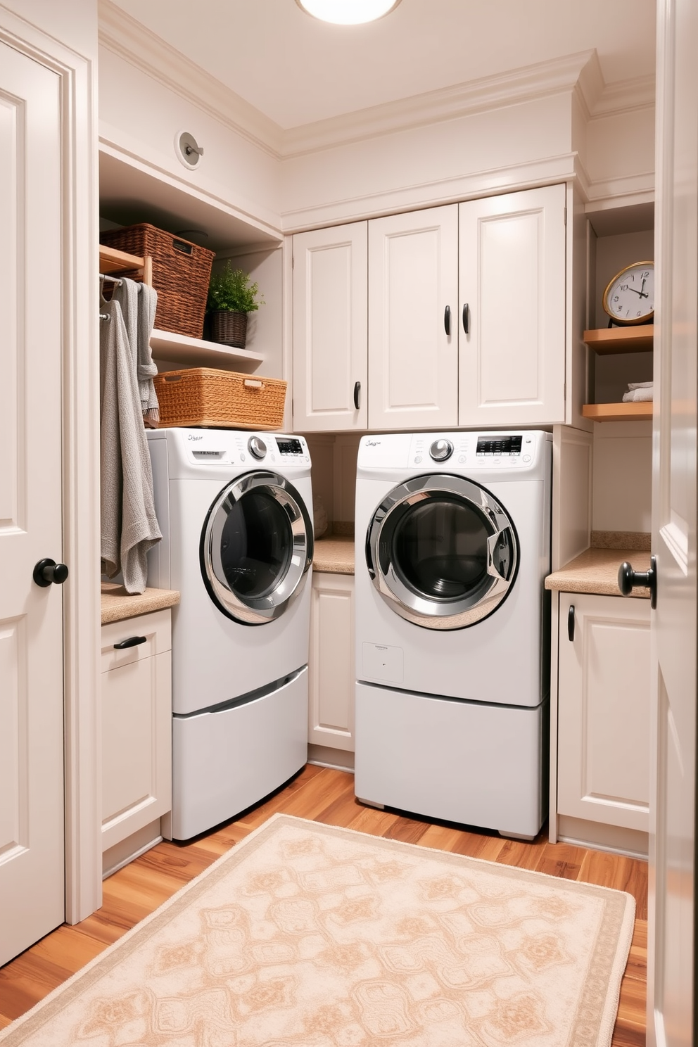 A cozy utility room laundry room combo features a soft accent rug that adds warmth underfoot. The space includes a functional washer and dryer, with built-in cabinets for storage and a countertop for folding clothes.