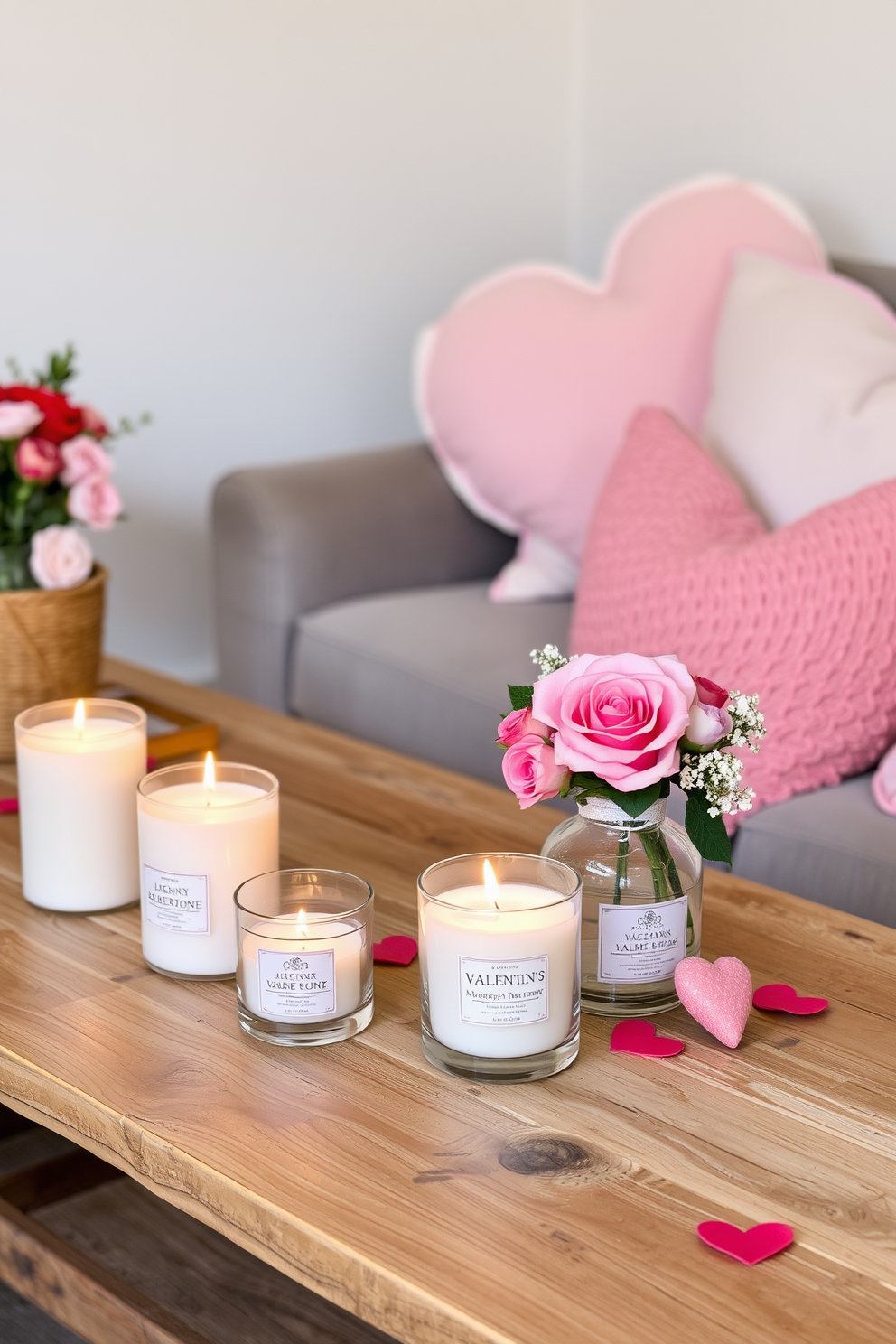 A charming display of cute stuffed animals arranged on colorful shelves creates a playful atmosphere. The shelves are adorned with heart-shaped decorations and soft pastel colors to celebrate Valentine's Day.