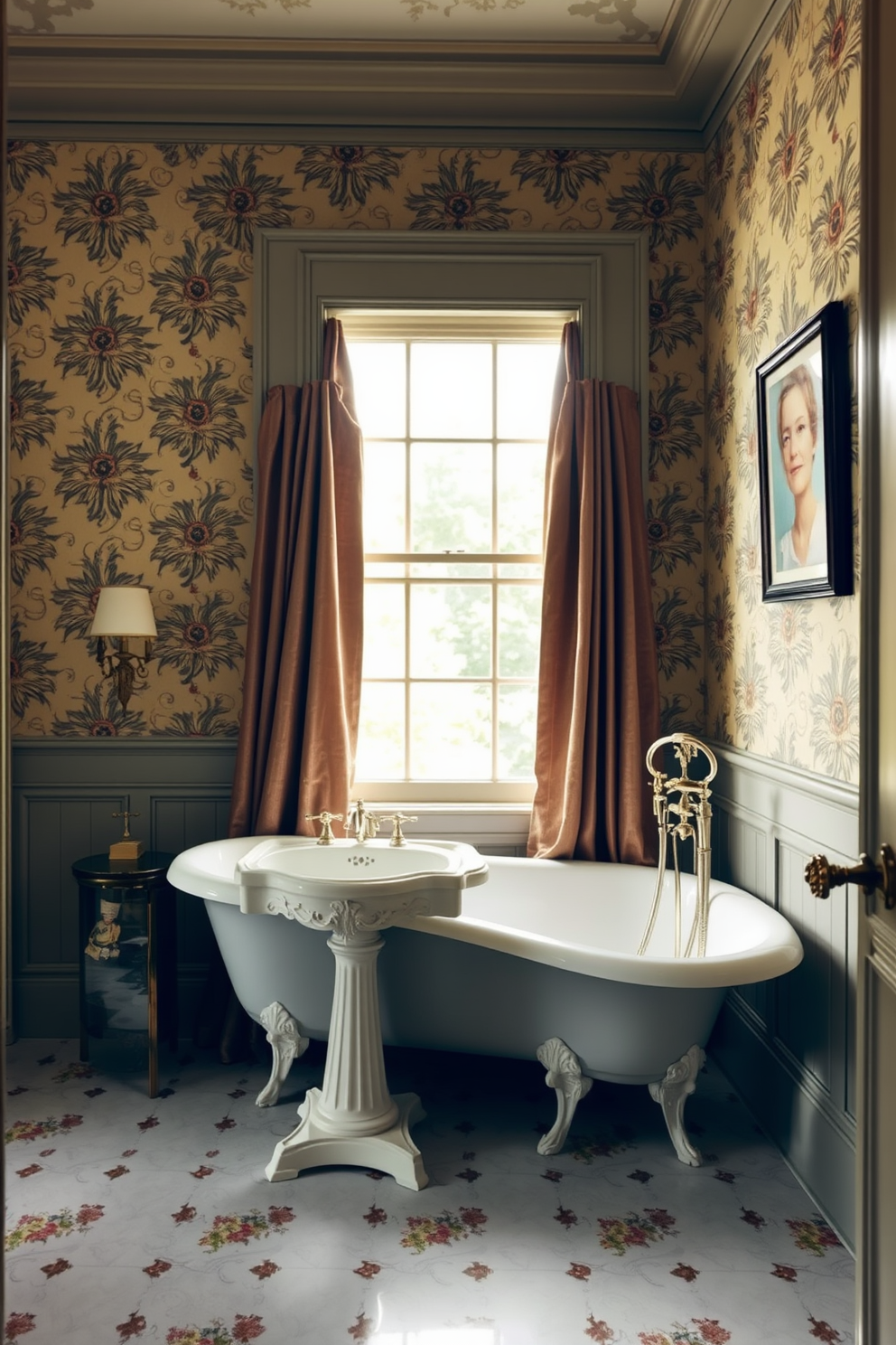A vintage pedestal sink with ornate details takes center stage in a Victorian bathroom. The walls are adorned with intricate wallpaper featuring floral patterns, and a large freestanding tub rests against a window framed by heavy drapes.