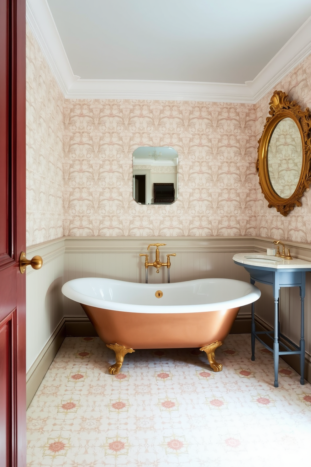 A vintage powder room featuring an antique clawfoot tub with elegant gold fixtures. The walls are adorned with intricate wallpaper in soft pastels, complementing the luxurious feel of the space.