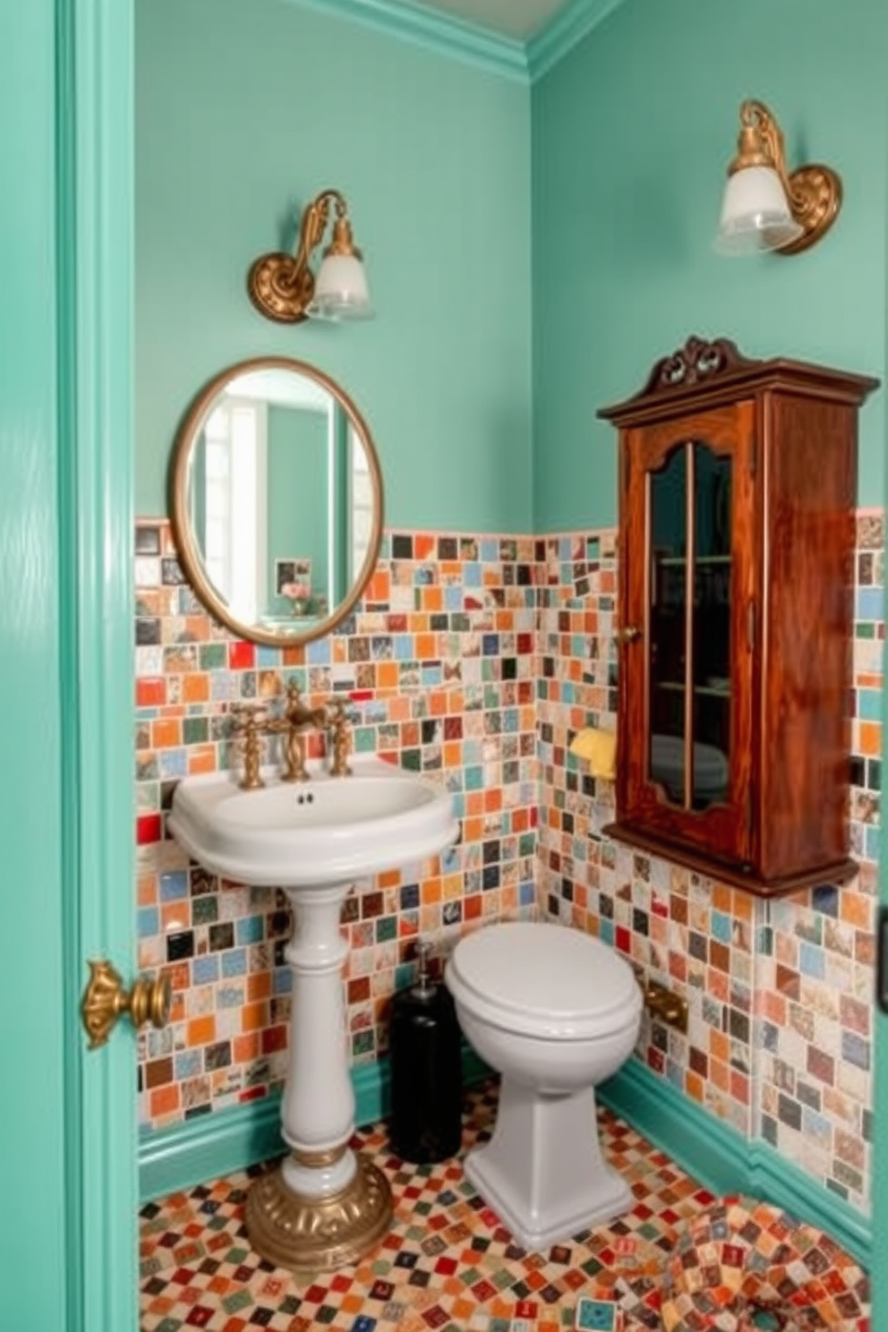A vibrant vintage powder room featuring colorful mosaic tiles as a stunning backsplash. The space includes a classic pedestal sink, ornate lighting fixtures, and a charming wooden cabinet for storage.