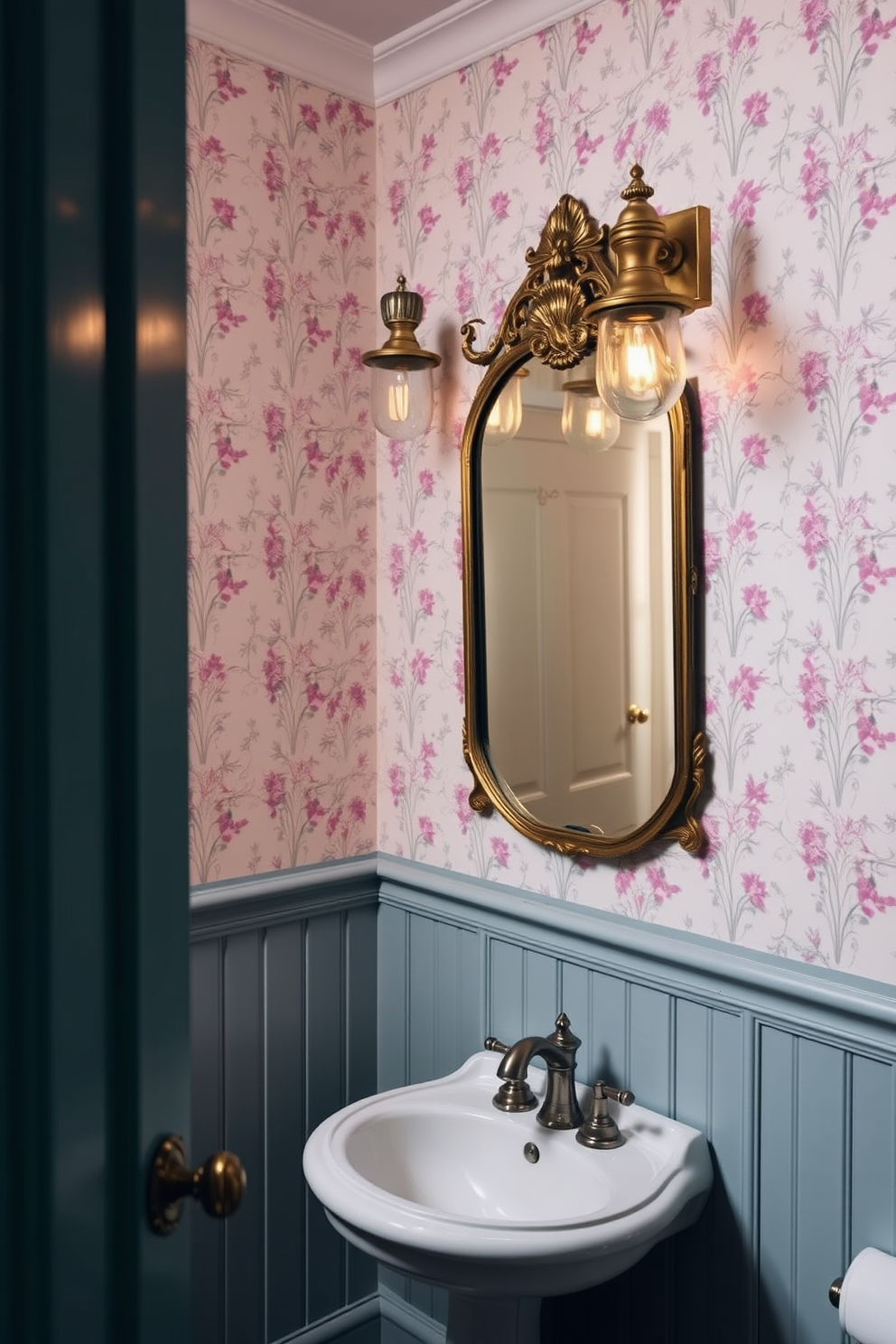 A vintage powder room featuring elegant brass light fixtures that cast a warm glow. The walls are adorned with delicate floral wallpaper in soft pastel tones, complemented by a classic pedestal sink and ornate mirror.