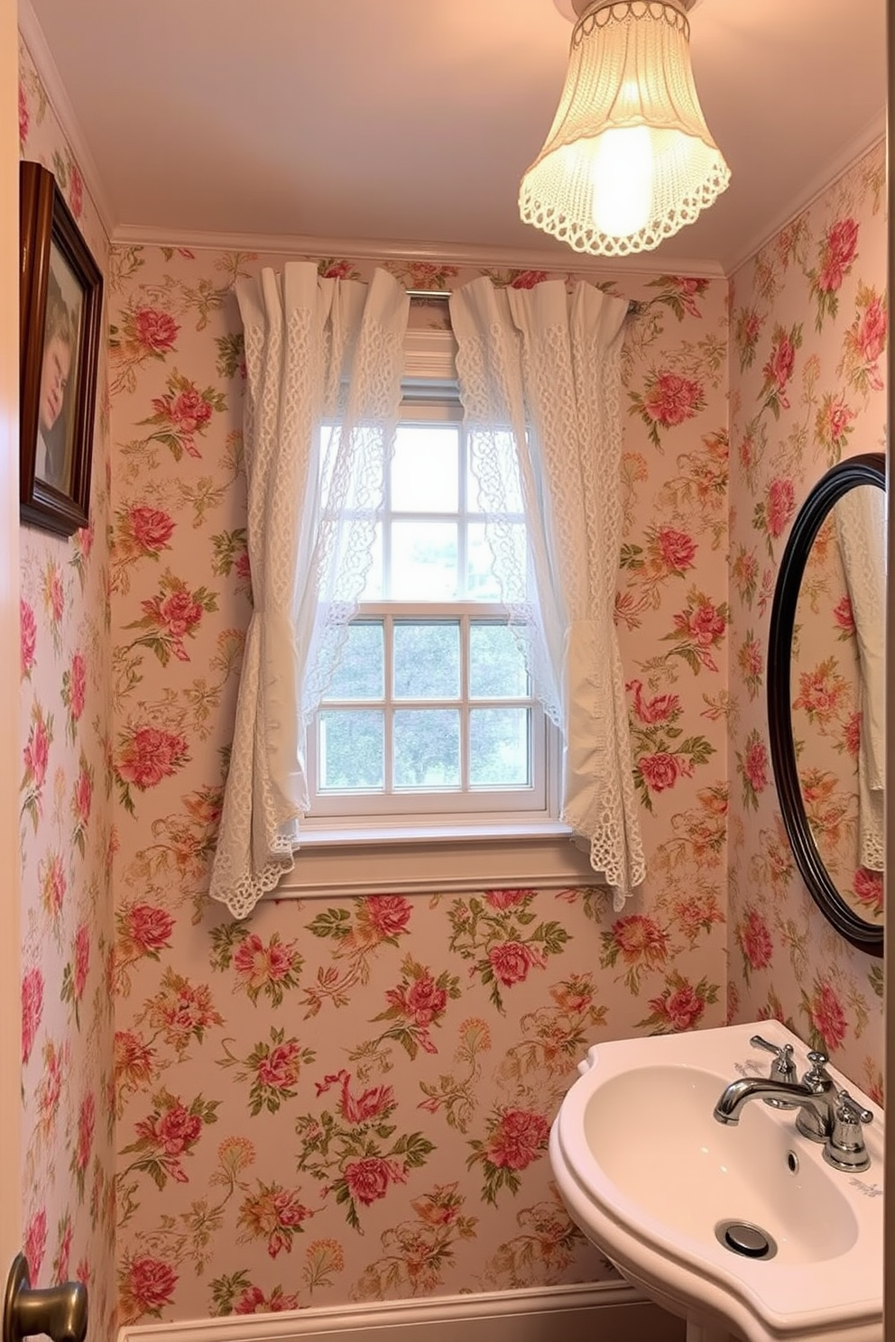 A vintage powder room with lace curtains gently framing a small window. The walls are adorned with floral wallpaper, and a pedestal sink adds a classic charm.