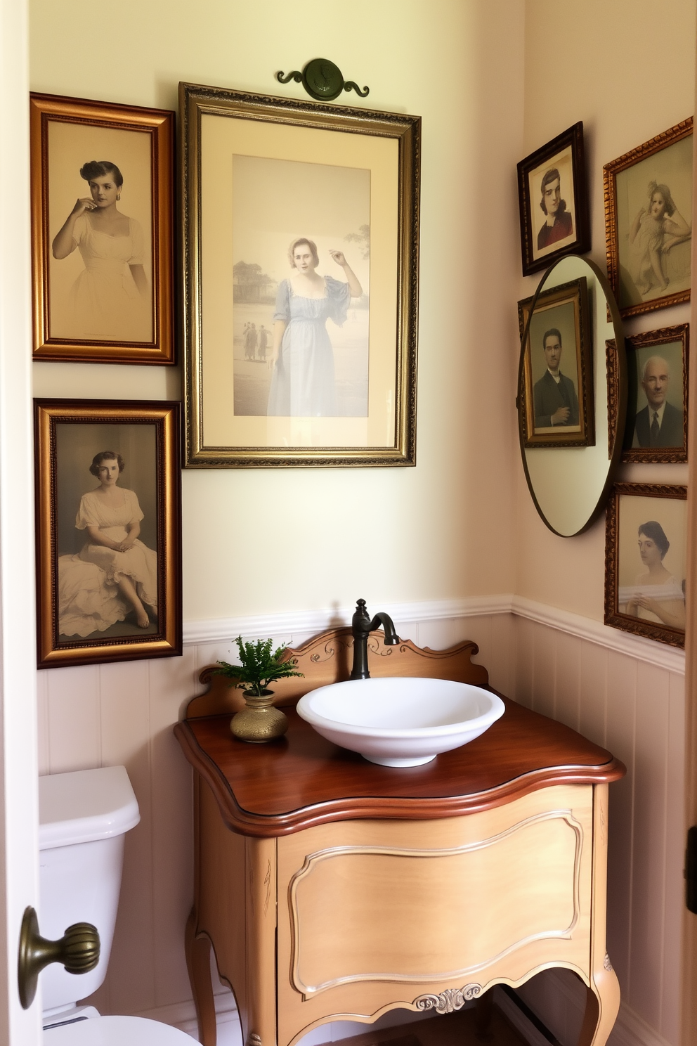 A charming vintage powder room featuring framed vintage prints adorning the walls. The color palette consists of soft pastels, complemented by an antique wooden vanity with a delicate porcelain sink.