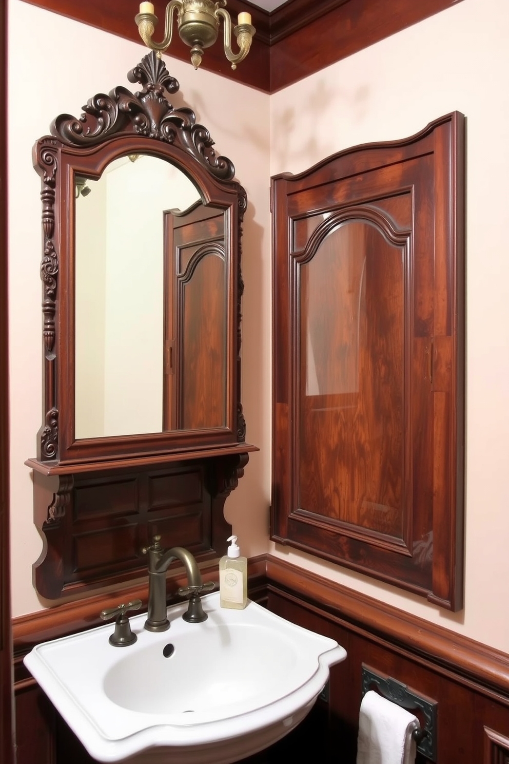 Antique medicine cabinet with character. The powder room features intricate woodwork and an ornate mirror above the sink, complemented by vintage fixtures. The walls are painted in a soft pastel hue, creating a warm and inviting atmosphere. A small chandelier hangs from the ceiling, adding a touch of elegance to the space.