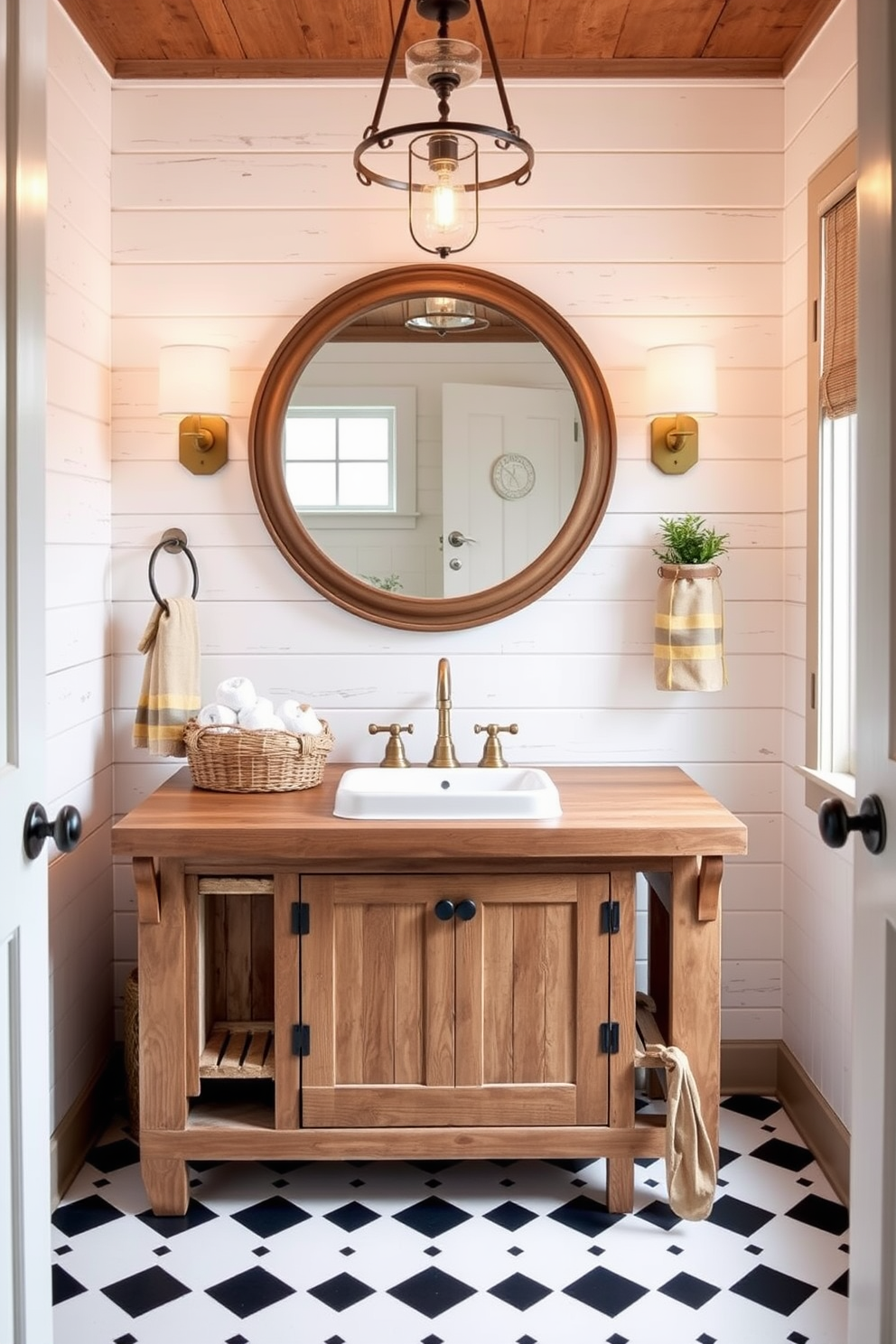A charming farmhouse powder room features reclaimed wood accents throughout the space. The vanity is crafted from weathered barn wood with a farmhouse sink, complemented by vintage brass fixtures. The walls are adorned with shiplap painted in a soft white hue, creating an inviting atmosphere. A large round mirror with a distressed frame hangs above the vanity, reflecting the warm lighting from a rustic chandelier. Decorative elements include a woven basket filled with rolled towels and a small potted plant on the windowsill. The flooring is a classic black and white checkerboard, enhancing the vintage feel of the room.