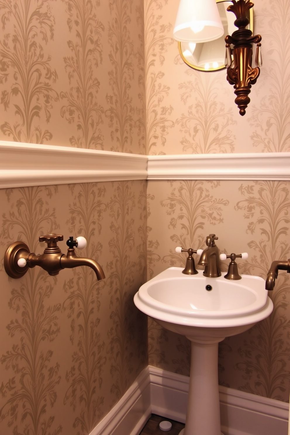 Old-fashioned faucets with porcelain handles complement the elegance of a vintage powder room. The walls are adorned with intricate wallpaper featuring floral patterns, and a classic pedestal sink adds charm to the space.