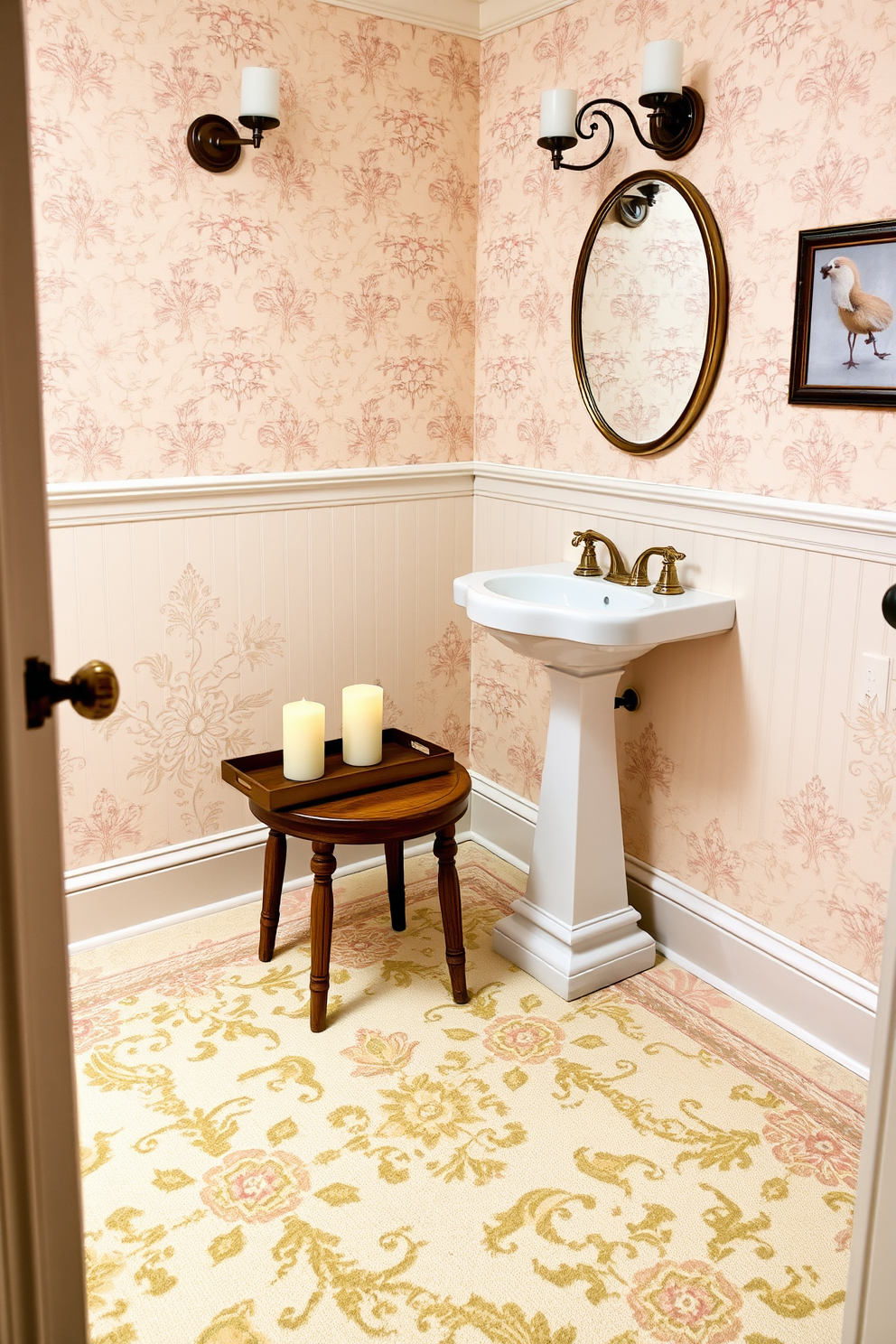 A charming vintage powder room with a beautifully patterned rug that adds warmth to the space. The walls are adorned with soft pastel wallpaper, and a classic pedestal sink sits elegantly in the corner. Antique fixtures complement the overall design, creating a cozy and inviting atmosphere. A small wooden stool is placed next to the sink, topped with a decorative tray holding fragrant candles.