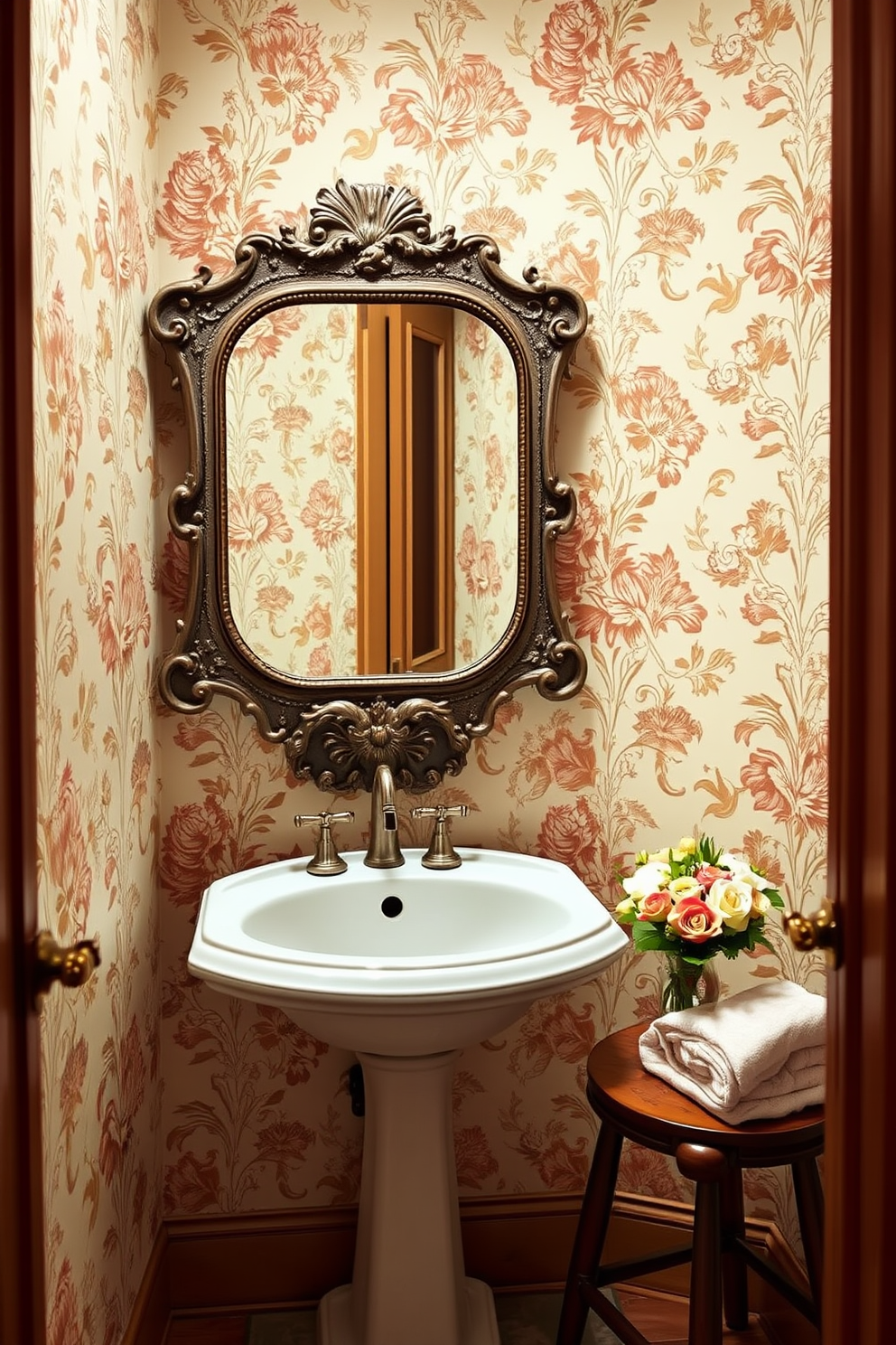 A charming powder room adorned with vintage wallpaper featuring intricate floral patterns. The space includes a delicate pedestal sink complemented by a vintage-style mirror with an ornate frame. Soft lighting creates a warm ambiance, highlighting the elegant details of the wallpaper. A small wooden stool is placed in the corner, adorned with a plush towel and a vase of fresh flowers.