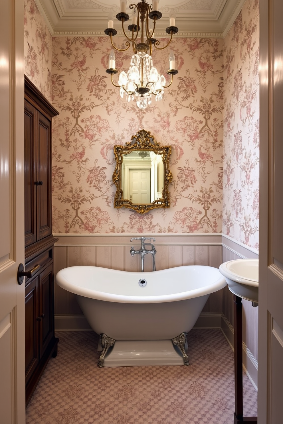 Classic pedestal bathtub sits gracefully in the center of a vintage powder room adorned with intricate wallpaper featuring floral patterns. Soft ambient lighting highlights the elegant curves of the tub, while a vintage chandelier adds a touch of glamour overhead. Antique wooden cabinetry flanks the bathtub, providing ample storage and enhancing the room's charm. A decorative mirror with an ornate frame hangs above a stylish sink, reflecting the room's sophisticated design.