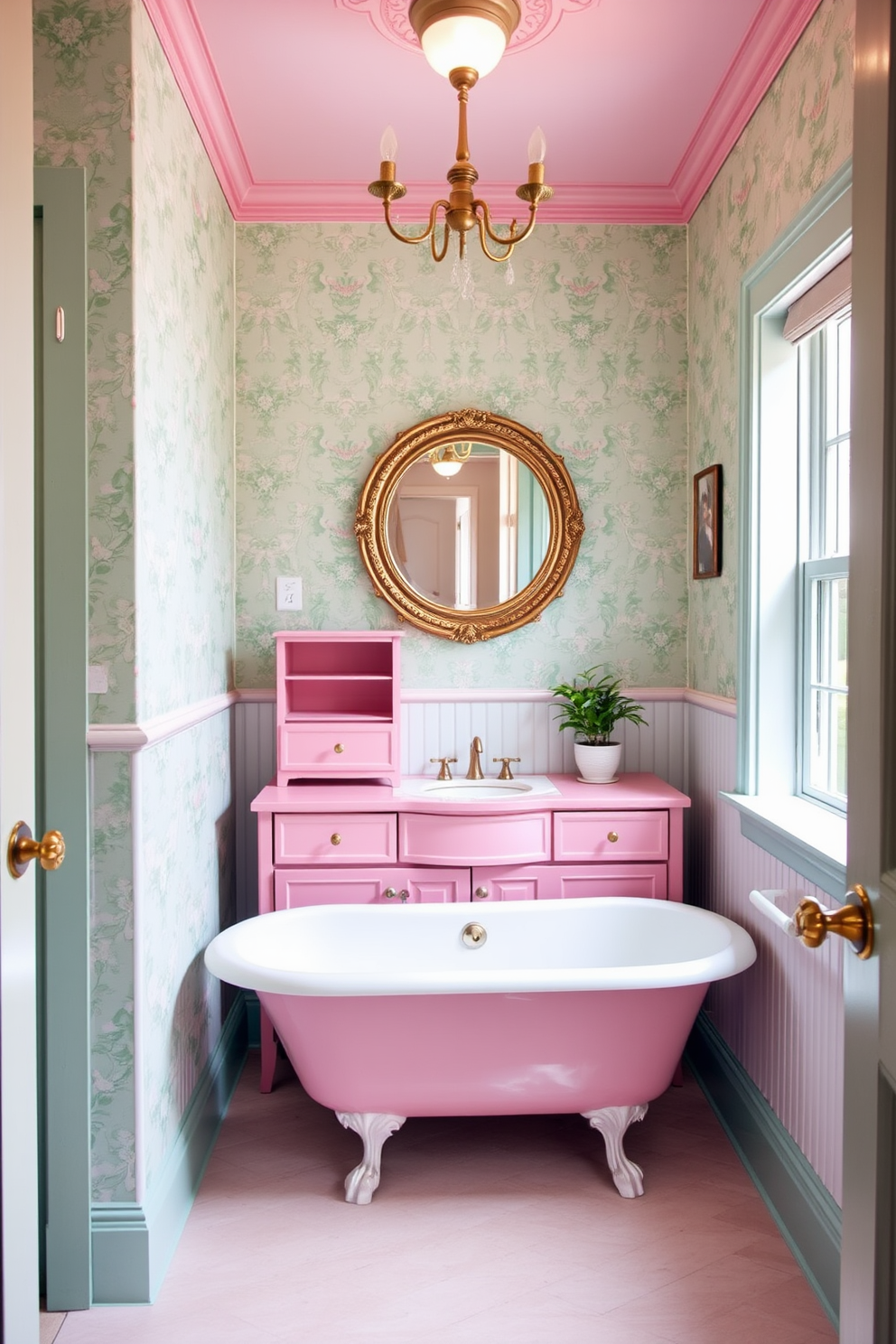 A charming vintage powder room featuring retro color schemes in mint and pink. The walls are adorned with mint green wallpaper and the vanity is painted in a soft pink hue, complemented by a round mirror with a decorative gold frame. A classic clawfoot bathtub sits in the corner, surrounded by pastel-colored tiles that add to the nostalgic vibe. Decorative accents include a vintage-style light fixture and a small potted plant on the windowsill, enhancing the room's inviting atmosphere.