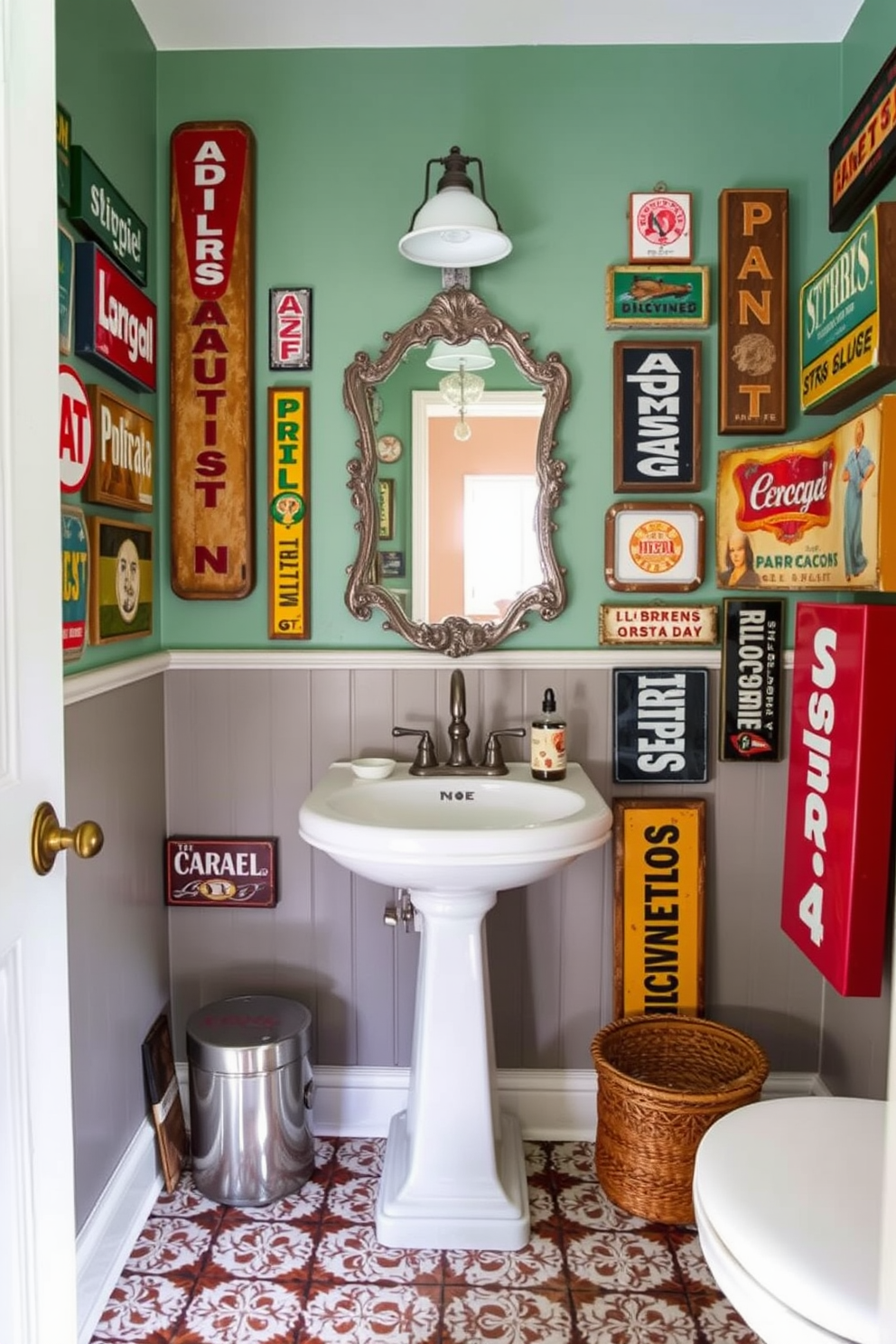 Create a vintage powder room that incorporates eclectic signs to add a quirky touch. The walls are adorned with colorful vintage signs while the sink area features a charming pedestal sink with a decorative mirror above it. Include a retro-style light fixture that complements the whimsical theme. The flooring is a mix of patterned tiles that enhance the overall vintage aesthetic of the space.