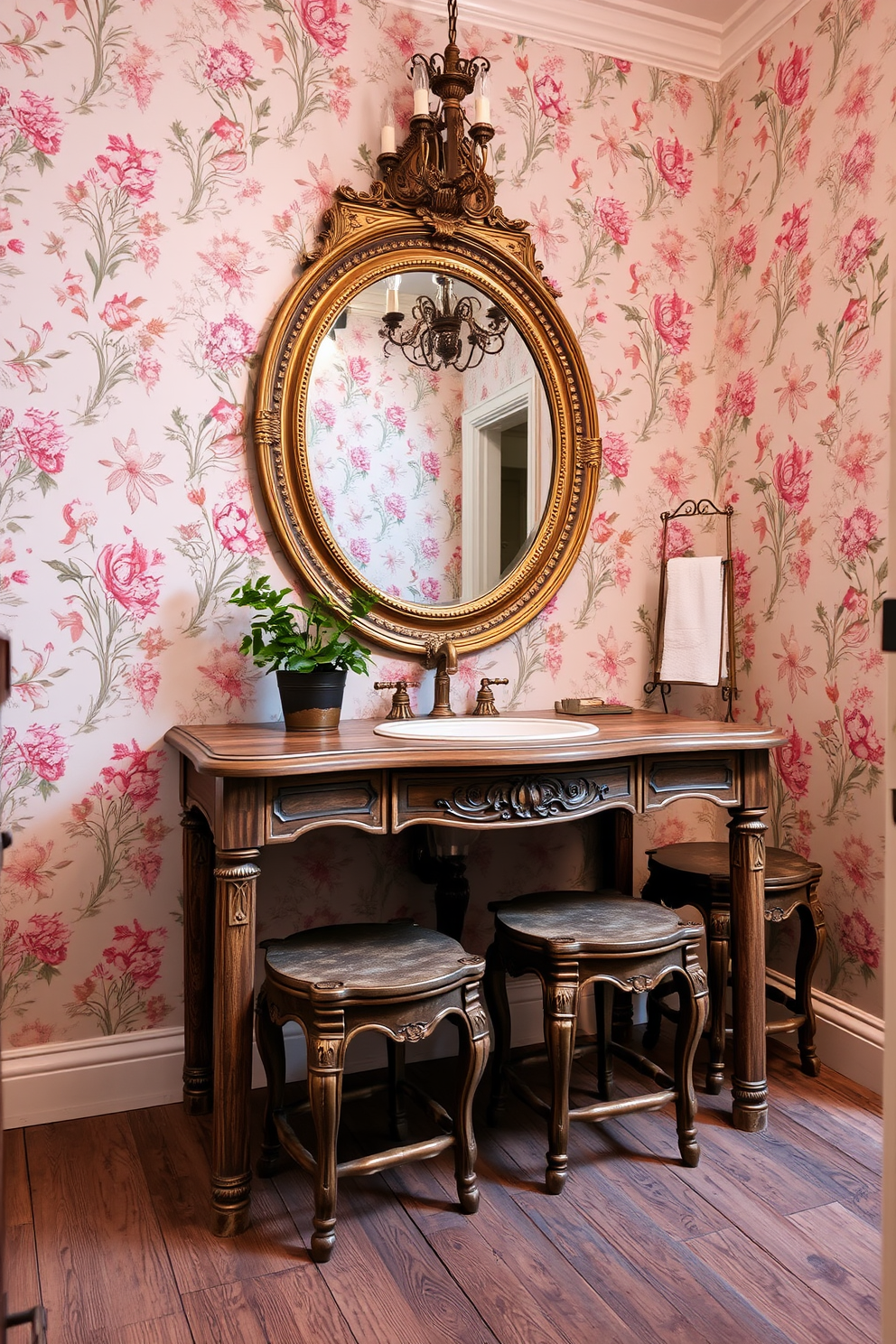 Antique stools are arranged around a rustic wooden vanity that showcases intricate carvings and an aged finish. The walls of the powder room are adorned with floral wallpaper in soft pastel colors, creating a charming and inviting atmosphere. A large round mirror with an ornate gold frame hangs above the vanity, reflecting the warm light from a vintage chandelier. The flooring is made of reclaimed wood, adding to the room's vintage appeal, while a small potted plant sits on the countertop for a touch of greenery.