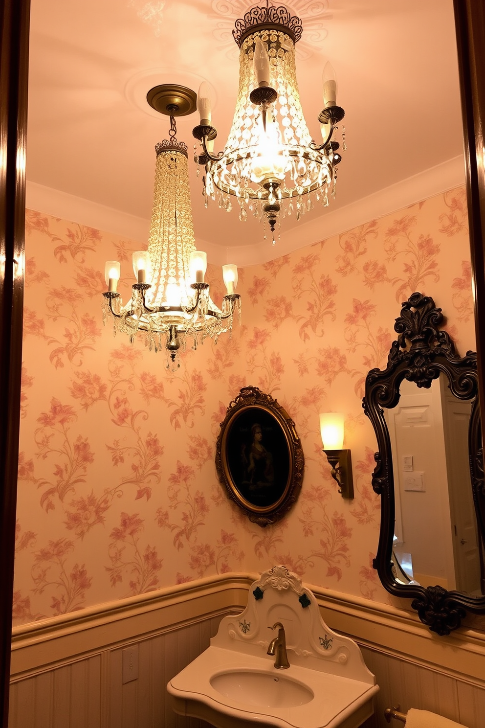 Elegant chandeliers hang gracefully from the ceiling, casting a warm glow over the space. The intricate designs of the chandeliers complement the vintage charm of the powder room. The walls are adorned with delicate wallpaper featuring floral patterns, creating a timeless atmosphere. A vintage vanity with an ornate mirror adds character and sophistication to the overall design.
