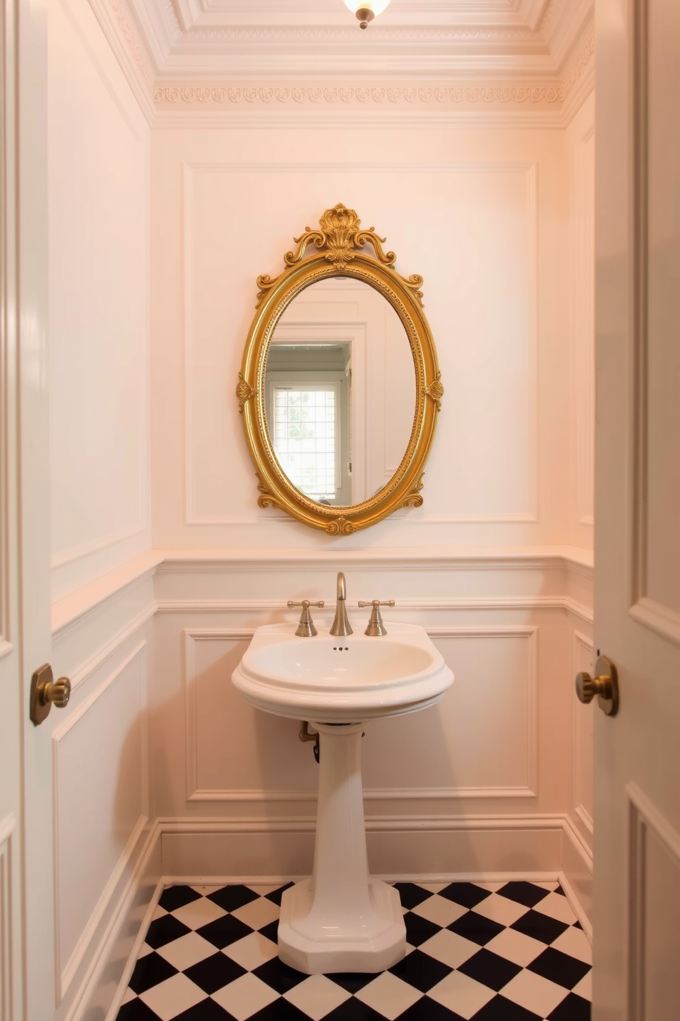 Old-world charm with decorative molding creates a timeless elegance in this vintage powder room. The walls are adorned with intricate crown molding and wainscoting, painted in a soft pastel hue that enhances the room's warmth. A vintage pedestal sink with a polished chrome faucet takes center stage, complemented by a classic oval mirror framed in antique gold. The floor is covered with a checkered black and white tile, adding a touch of sophistication to the space.