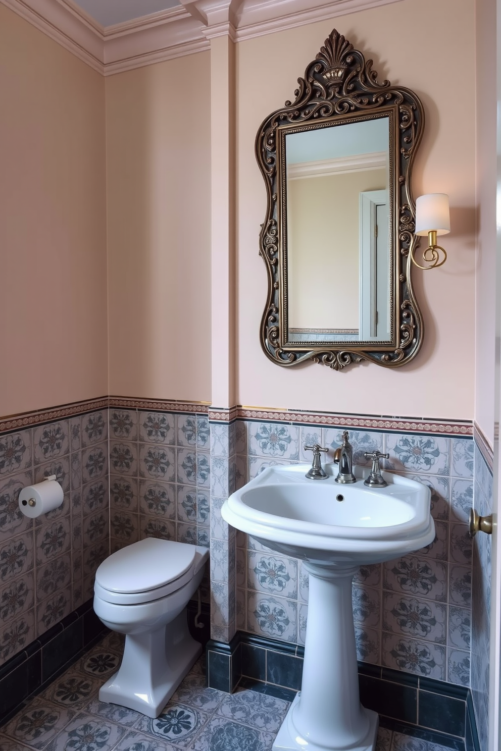 A vintage powder room featuring classic tile work with intricate patterns. The walls are adorned with soft pastel colors, and a stylish pedestal sink sits against one side, complemented by a vintage-style mirror above it.