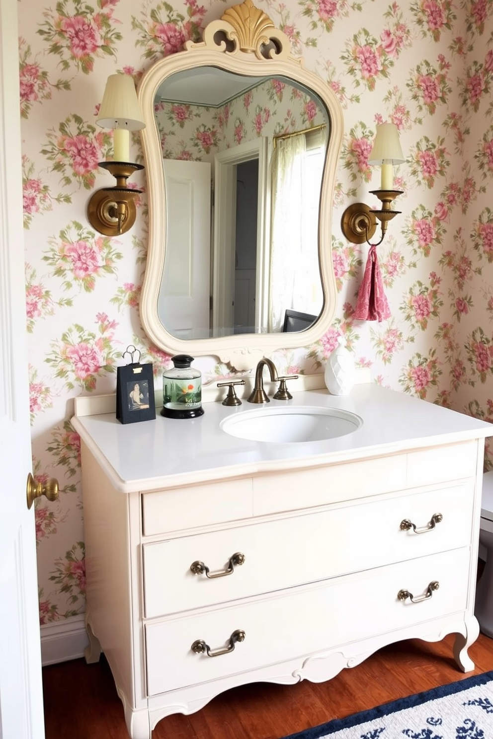 A repurposed dresser serves as a unique vanity in a vintage powder room. The dresser is painted in a soft pastel hue, featuring ornate handles and a polished countertop with an antique mirror above it. The walls are adorned with floral wallpaper, creating a charming and inviting atmosphere. Vintage sconces flank the mirror, casting a warm glow over the space, while a patterned rug adds a touch of coziness underfoot.