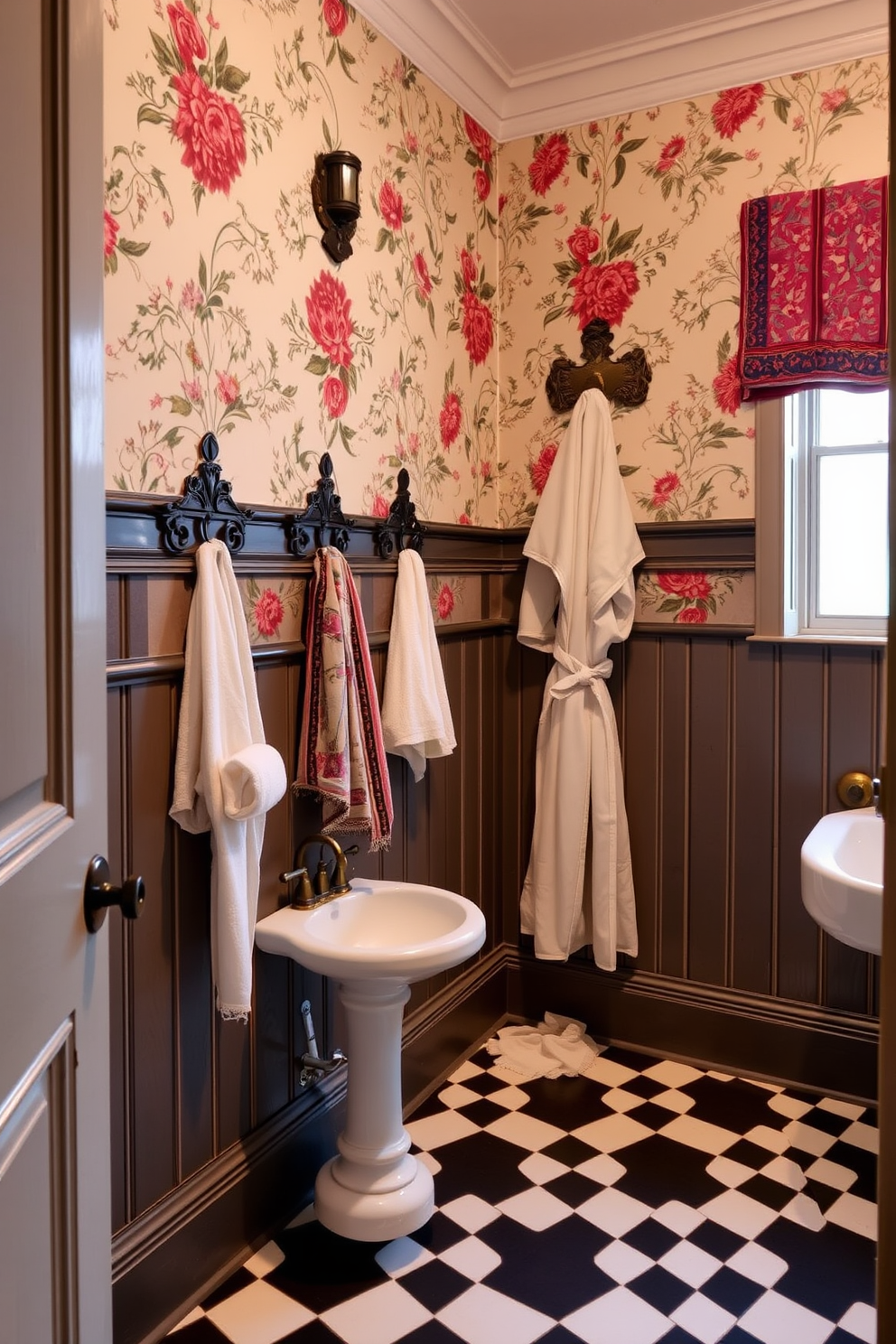 A vintage powder room featuring decorative hooks for towels and robes. The walls are adorned with floral wallpaper and the floor is covered in classic black and white checkered tiles.