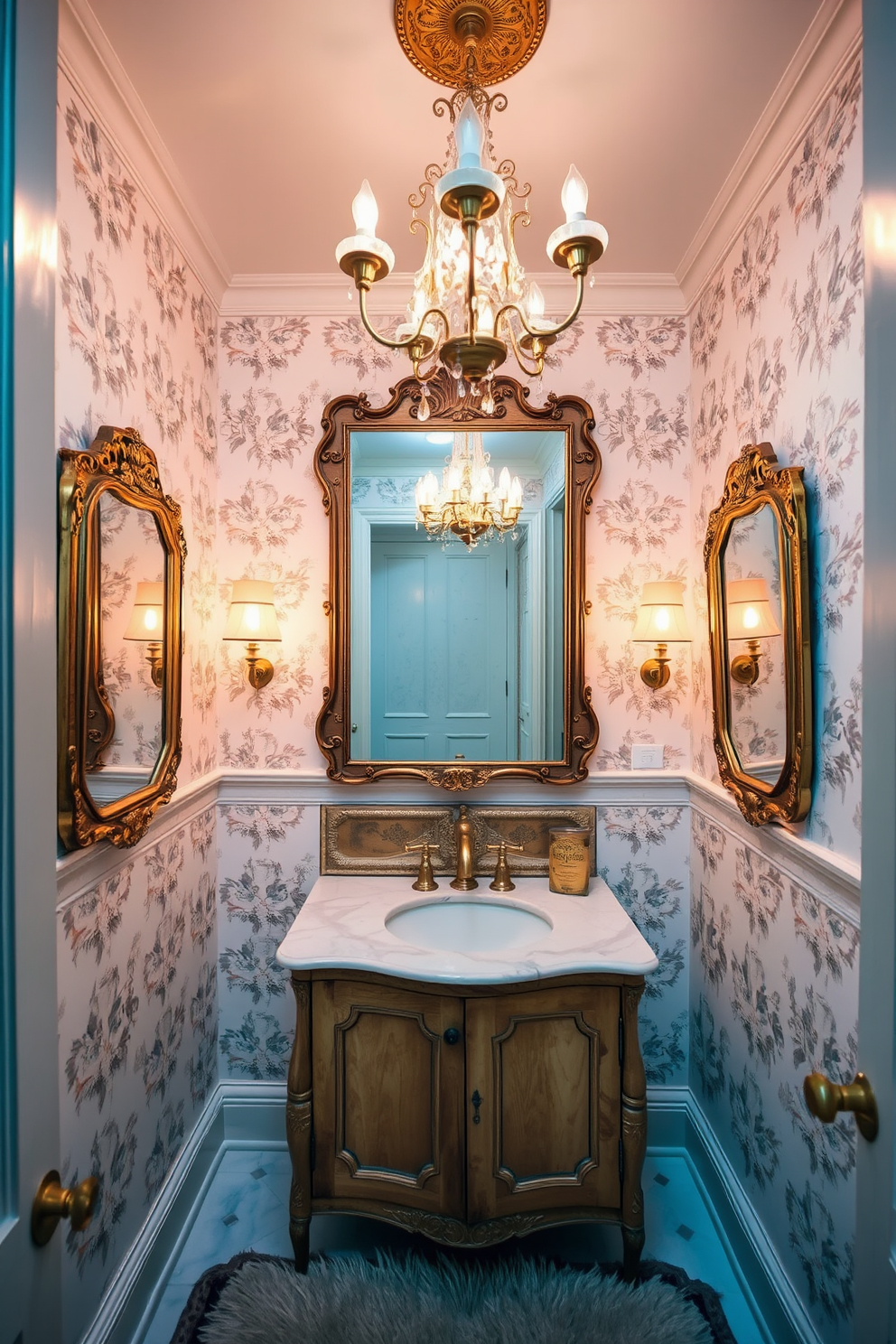 Framed vintage mirrors adorn the walls of a charming powder room, reflecting the soft glow of ambient lighting. The room features a delicate wallpaper with floral patterns, complementing the antique wooden vanity with a polished marble top. A stunning chandelier hangs from the ceiling, casting a warm light over the space. Elegant brass fixtures and a plush area rug add a touch of luxury to this inviting vintage-inspired powder room.
