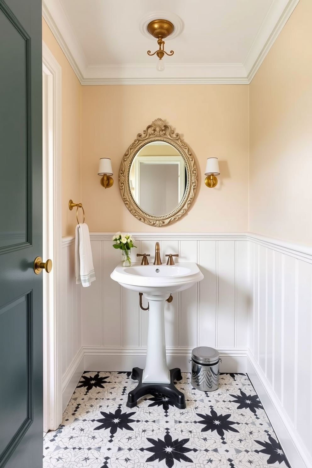 A vintage powder room featuring retro black and white tiles on the floor. The walls are adorned with soft pastel colors, and a stylish pedestal sink is complemented by a round mirror with an ornate frame.