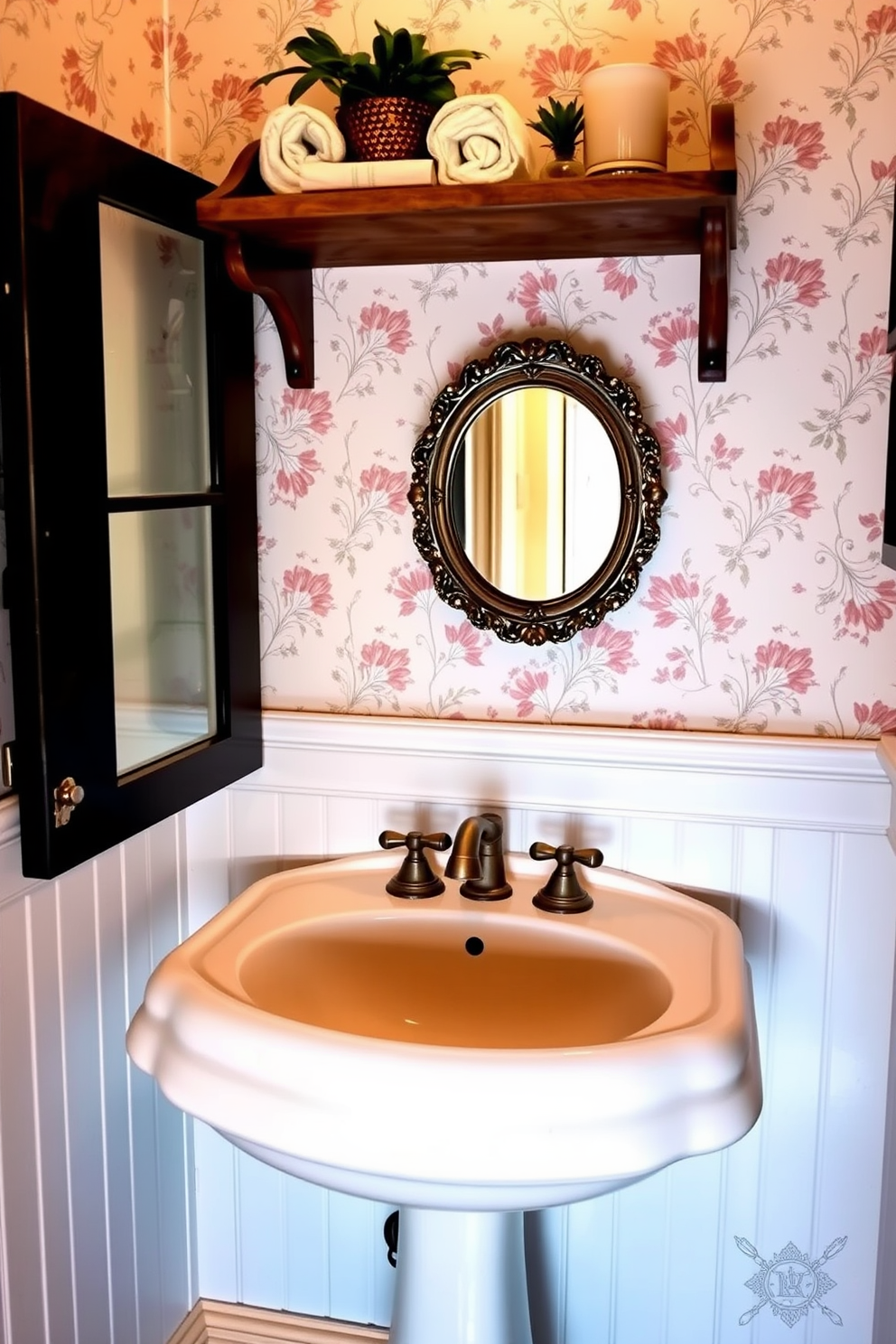 Charming pedestal sink with graceful curves takes center stage in this vintage powder room. The walls are adorned with delicate floral wallpaper, and a small round mirror with an ornate frame complements the sink beautifully. Soft ambient lighting casts a warm glow, enhancing the inviting atmosphere. A rustic wooden shelf above the sink displays neatly rolled towels and a small potted plant for a touch of greenery.