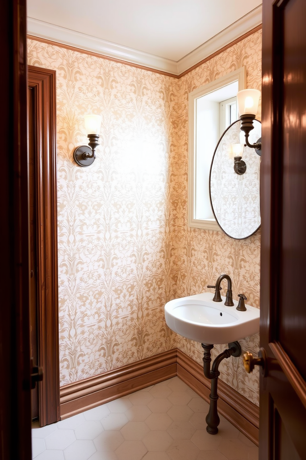 A vintage powder room design featuring old-fashioned sconces that provide soft, warm lighting. The walls are adorned with intricate wallpaper patterns, and the floor is laid with elegant hexagonal tiles.