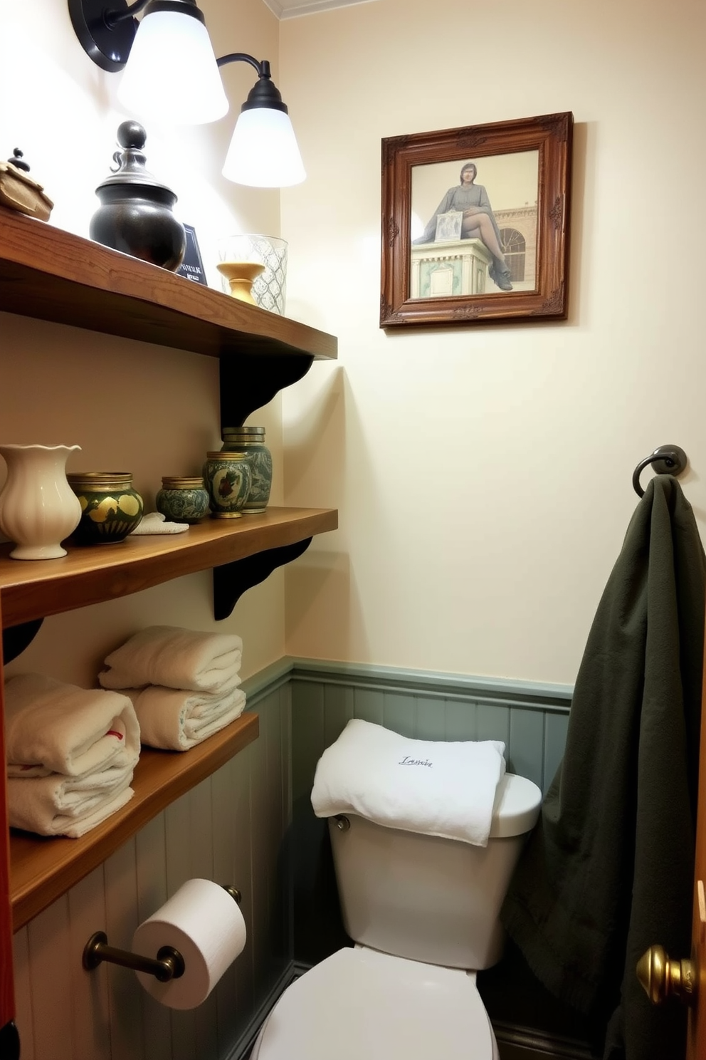 A charming vintage powder room features rustic wooden shelves adorned with decorative items and neatly folded towels. The walls are painted in soft pastel tones, creating a warm and inviting atmosphere.