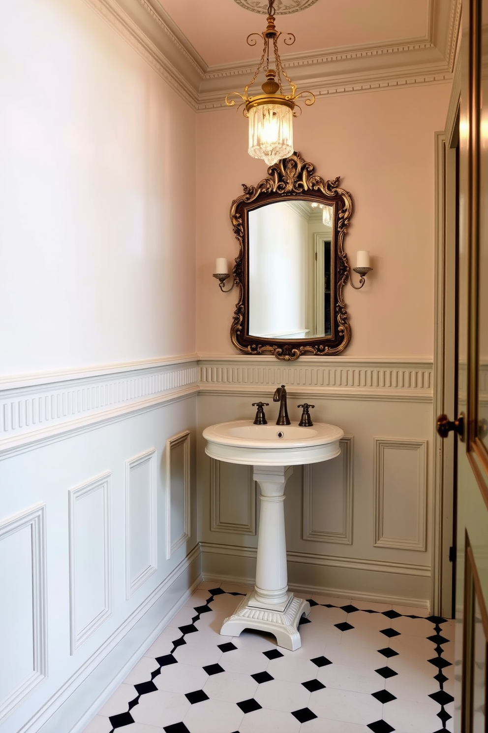 Classic wainscoting lines the walls of a vintage powder room, painted in a soft pastel hue that adds a touch of elegance. The space features a unique twist with ornate trim and decorative moldings, creating a sophisticated yet inviting atmosphere. An antique pedestal sink takes center stage, complemented by a vintage mirror with intricate detailing above it. The flooring is adorned with classic black and white tiles, while a small chandelier hangs from the ceiling, casting a warm glow throughout the room.