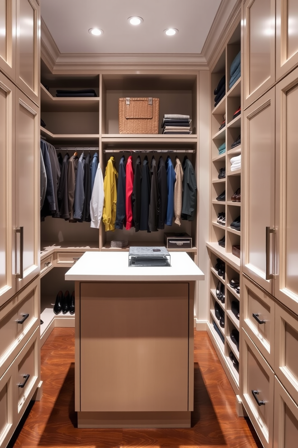 A luxurious walk-in closet featuring a small island in the center for folding clothes. The island is topped with a sleek white surface and surrounded by custom cabinetry with ample storage space for shoes and accessories.