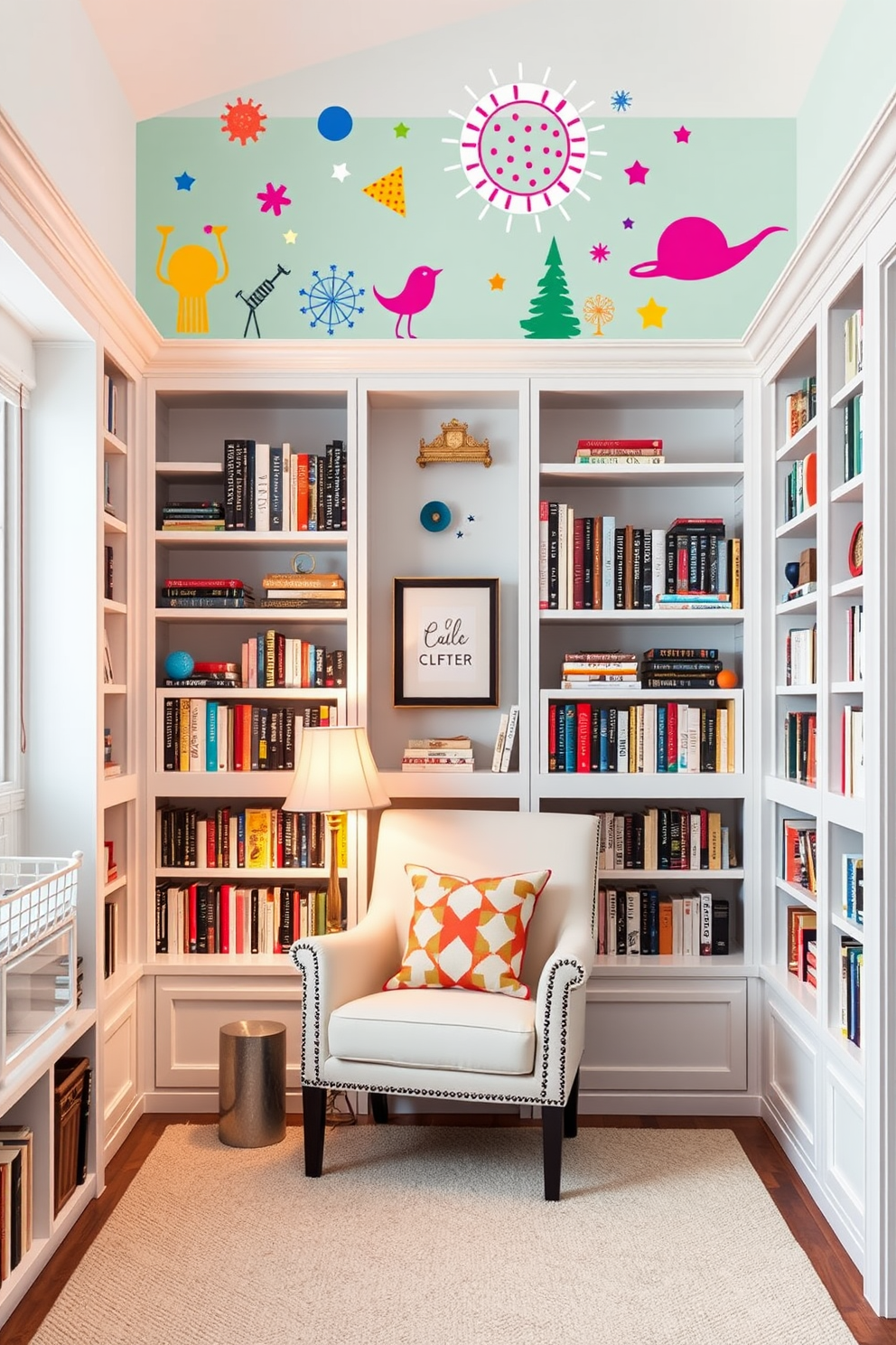 Artistic wall decals in vibrant colors create a playful touch in a cozy reading nook. The decals feature whimsical shapes and patterns, enhancing the imaginative atmosphere of the space. The white home library is designed with built-in shelves that stretch from floor to ceiling, filled with books and decorative items. A comfortable reading chair sits in the corner, accompanied by a small side table and a warm, inviting lamp.