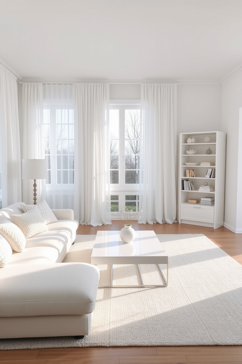 A serene living room featuring a monochromatic color scheme with varying shades of white. The space includes a plush white sofa adorned with textured throw pillows and a sleek white coffee table at the center. Soft white curtains drape elegantly over large windows, allowing natural light to fill the room. A minimalist white bookshelf stands against one wall, showcasing curated decor pieces that enhance the overall aesthetic.
