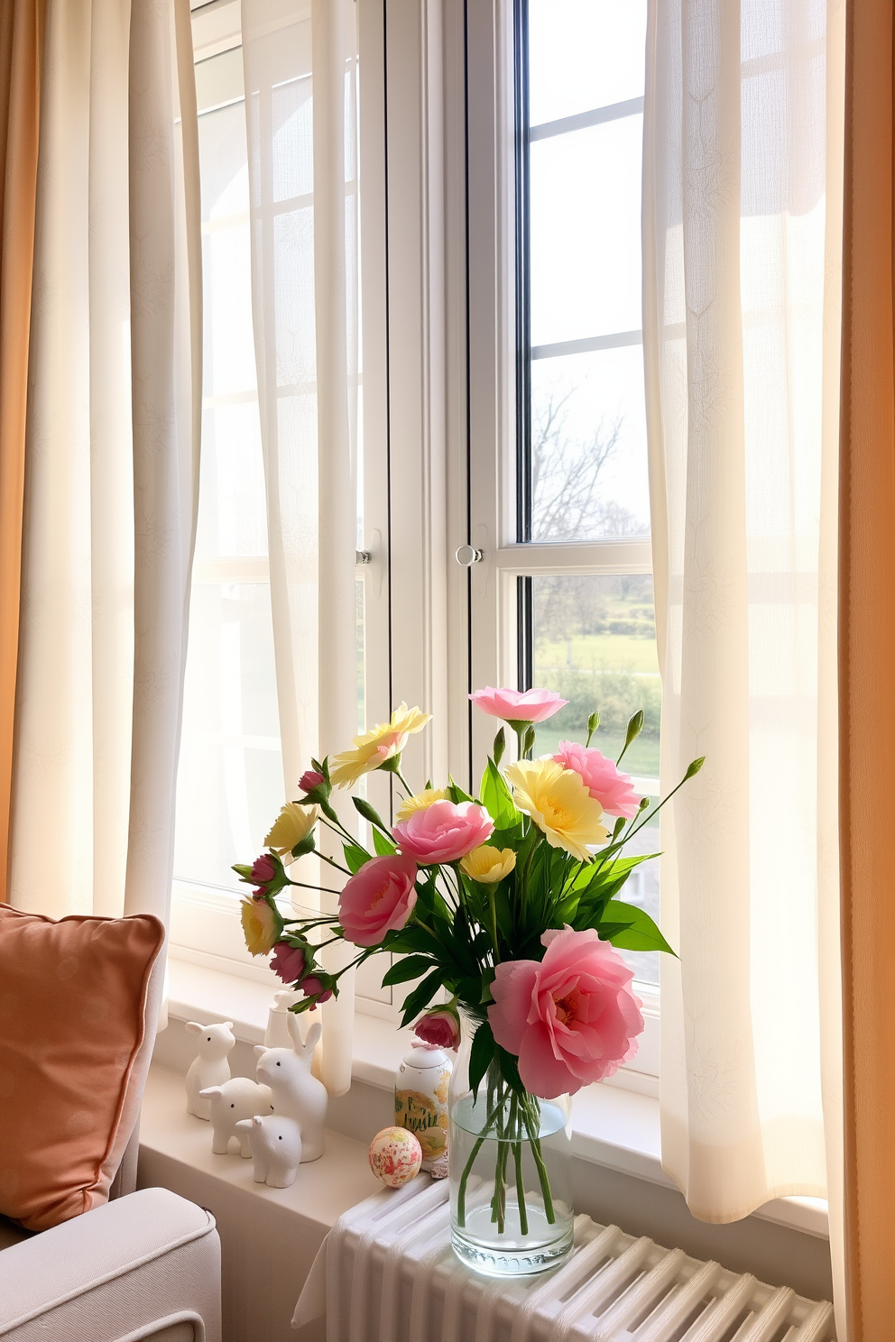 A cozy living room filled with pastel colored curtains that softly filter the sunlight, creating a warm and inviting atmosphere. The curtains feature delicate floral patterns that evoke the spirit of Easter, complementing the light pastel hues of the room's decor. On the windowsill, a collection of charming Easter-themed decorations such as painted eggs and bunnies adds a playful touch. Fresh flowers in soft pink and yellow tones are arranged in a vase, enhancing the cheerful ambiance of the space.