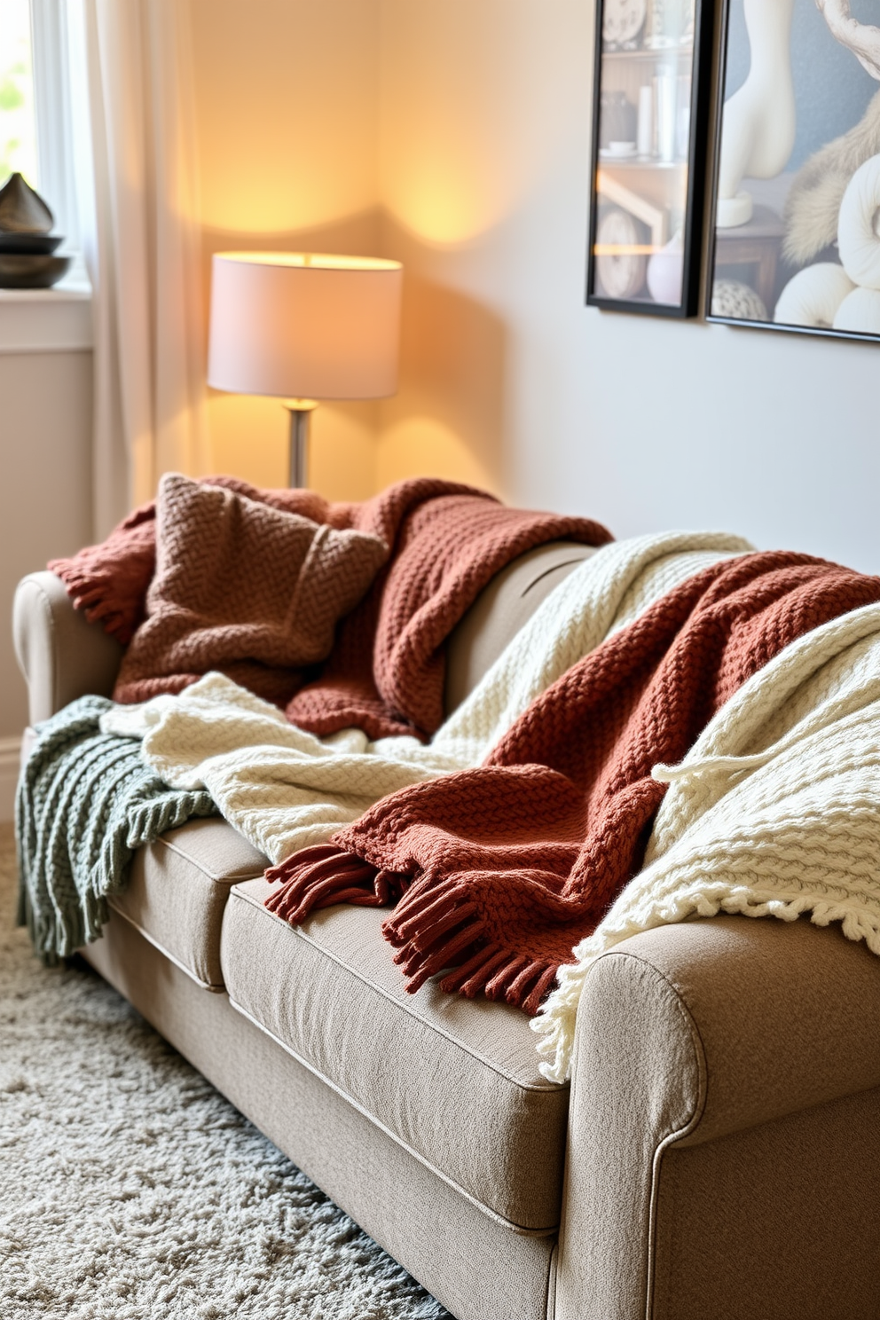 A cozy living room scene featuring a plush sofa adorned with soft, textured blankets in warm colors. The space is enhanced with seasonal winter decorations, including a beautifully arranged pine garland draped over the mantle and flickering candles casting a soft glow.