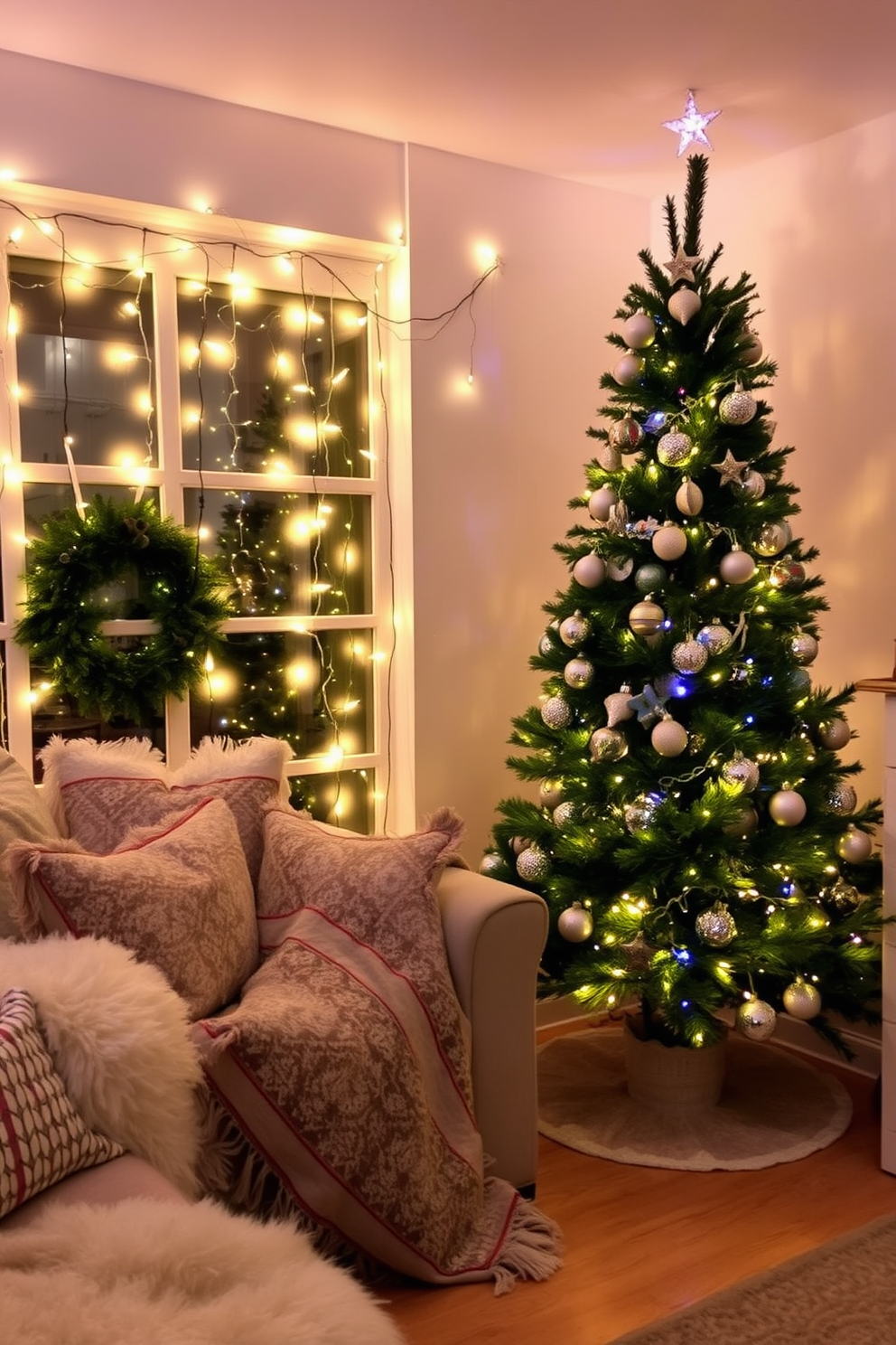 A cozy living room adorned with seasonal art featuring winter themes. The walls are decorated with framed paintings of snowy landscapes and festive winter scenes, creating a warm and inviting atmosphere. Soft white string lights are draped across the mantelpiece, enhancing the winter ambiance. Plush throw blankets in shades of blue and silver are casually arranged on a deep navy sofa, inviting relaxation during the chilly months.