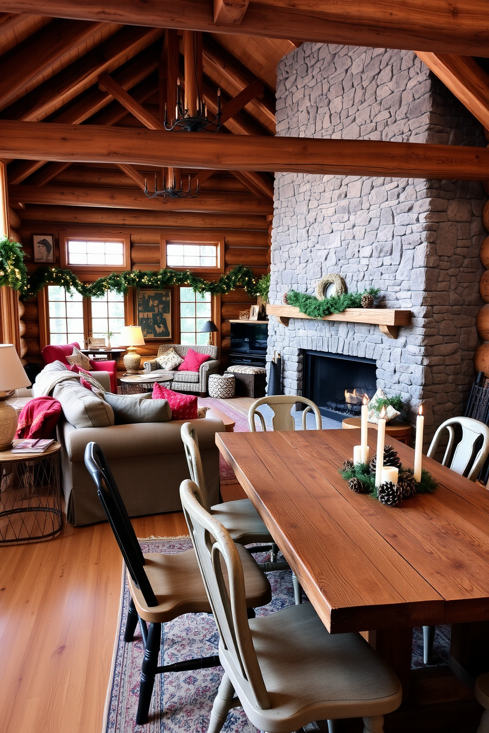 A cozy living room adorned with faux fur throws draped over a plush sofa. The space is enhanced with warm lighting and winter-themed decor, creating an inviting atmosphere for cold evenings. A stylish coffee table is topped with seasonal candles and a small evergreen arrangement. Soft, textured pillows complement the throws, adding layers of comfort and warmth to the design.
