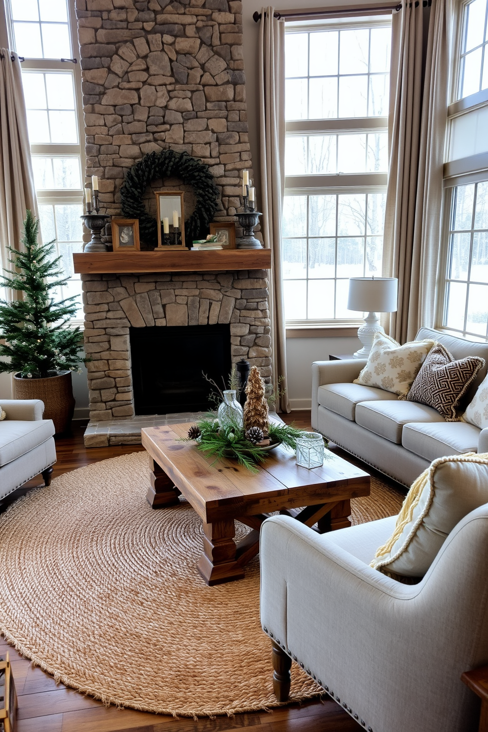 Twinkling fairy lights are draped across the branches of a potted evergreen tree, creating a magical glow in the corner of a cozy living room. Soft white lights illuminate the textured knit blankets and plush pillows on the sofa, inviting warmth and comfort during the winter months. In the dining area, strands of fairy lights are woven through the garland that adorns the table, enhancing the festive atmosphere. A cluster of lights hangs above the table, casting a warm and inviting ambiance for winter gatherings.