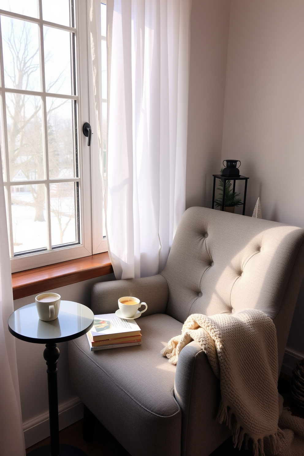 A cozy living room adorned with a neutral color palette featuring soft beige and warm gray tones. Bright pops of blue are introduced through decorative pillows, a vibrant area rug, and artwork that captures the essence of winter. A beautifully styled mantel is decorated with evergreen garlands and seasonal accents in shades of blue. A plush throw blanket drapes over the arm of a cream-colored sofa, inviting warmth and comfort during the chilly winter months.