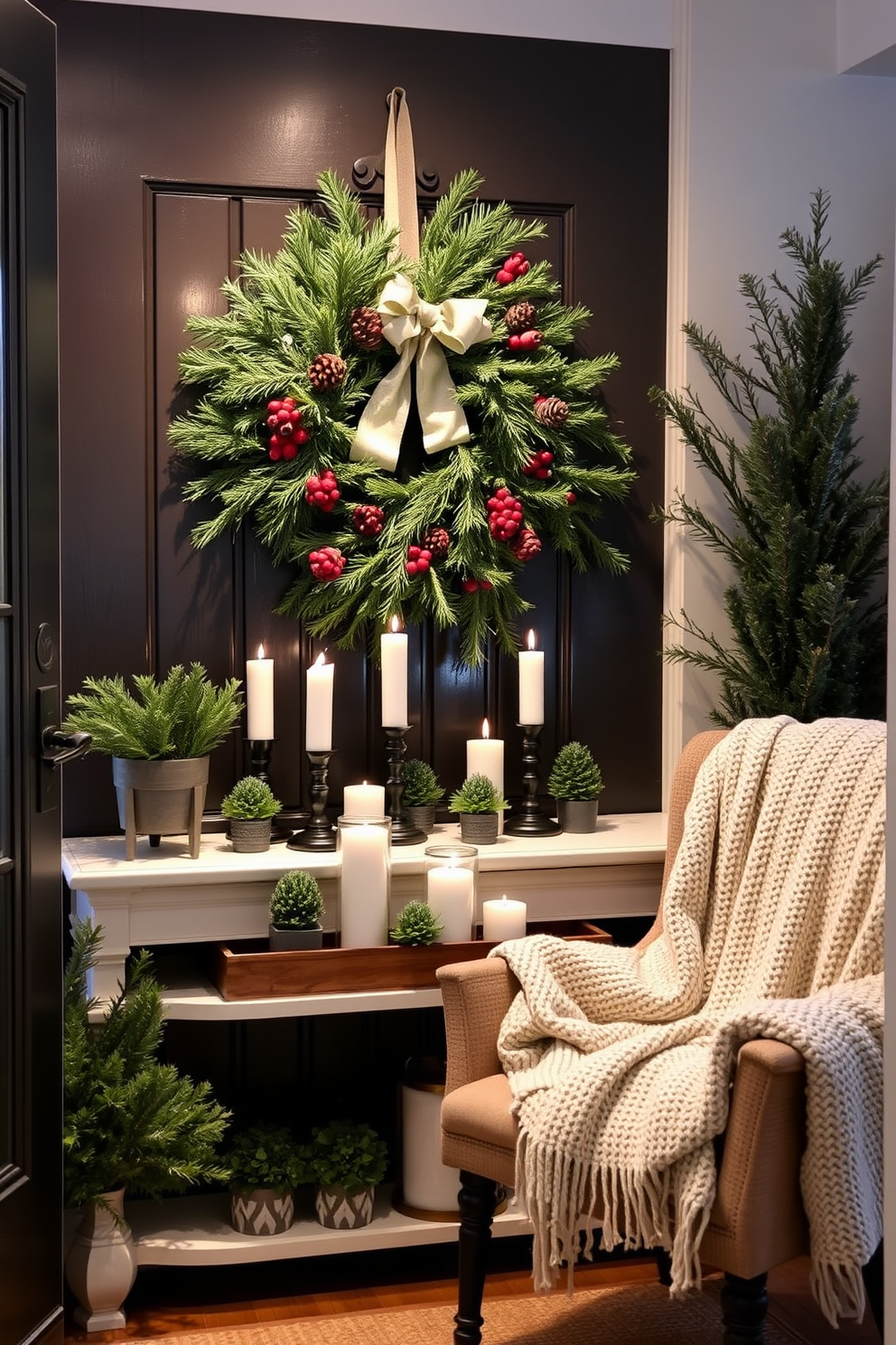 A cozy living room adorned with vintage decor pieces that exude charm. An antique wooden coffee table is surrounded by plush velvet armchairs in rich jewel tones. A beautifully decorated mantelpiece features an assortment of vintage clocks and framed family photos. Soft, warm lighting from a decorative chandelier casts a welcoming glow over the space. Winter decorations include a lush evergreen garland draped across the mantel. A collection of handmade ornaments in muted colors hangs delicately from the garland.