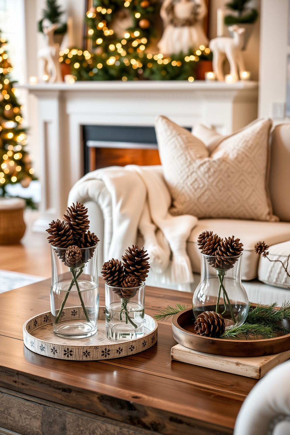 A cozy living room adorned with layered curtains that provide added insulation against the winter chill. The curtains feature a rich velvet fabric in deep burgundy, complemented by a sheer white overlay that allows soft light to filter through. A beautifully decorated mantelpiece showcases seasonal accents such as pinecones and candles. Plush throw blankets drape over a stylish armchair, inviting warmth and comfort during the cold months.