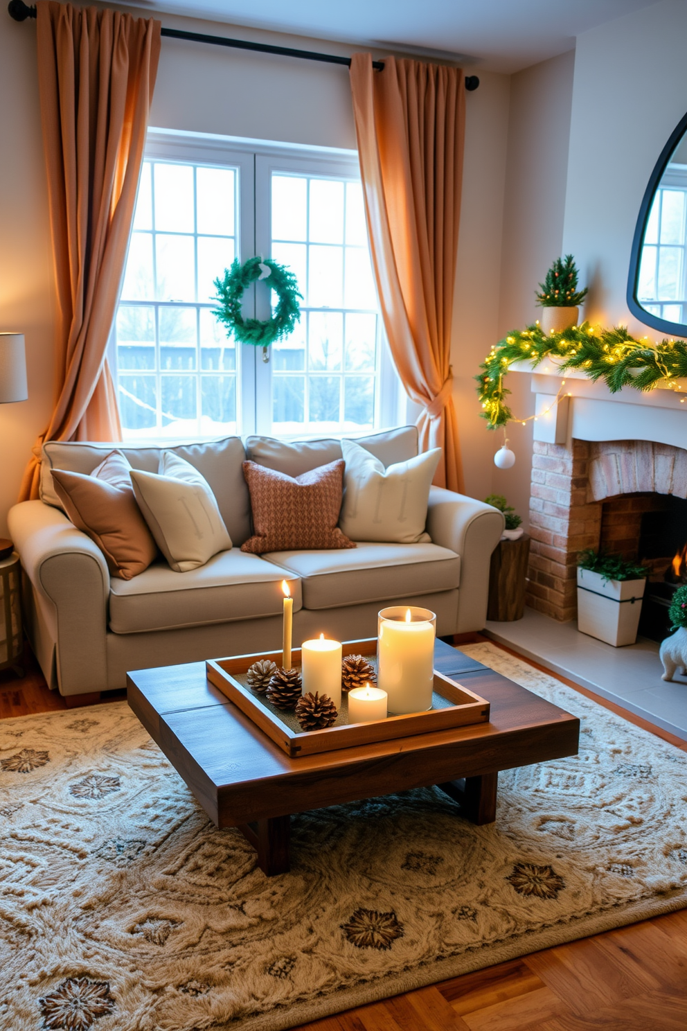 A cozy hot cocoa station on the kitchen counter features a rustic wooden tray holding a variety of toppings such as marshmallows, whipped cream, and peppermint sticks. Surrounding the station, winter decorations include a small evergreen tree, twinkling fairy lights, and a festive table runner in rich red and white hues.