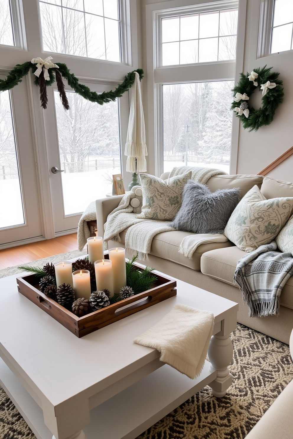 A cozy living room adorned with scented candles that emit warm winter fragrances. The candles are placed on a rustic wooden coffee table surrounded by plush throw blankets and seasonal decorations. The room features a beautifully decorated fireplace with evergreen garlands and twinkling fairy lights. Soft, neutral tones on the walls and furniture create a serene atmosphere perfect for winter gatherings.