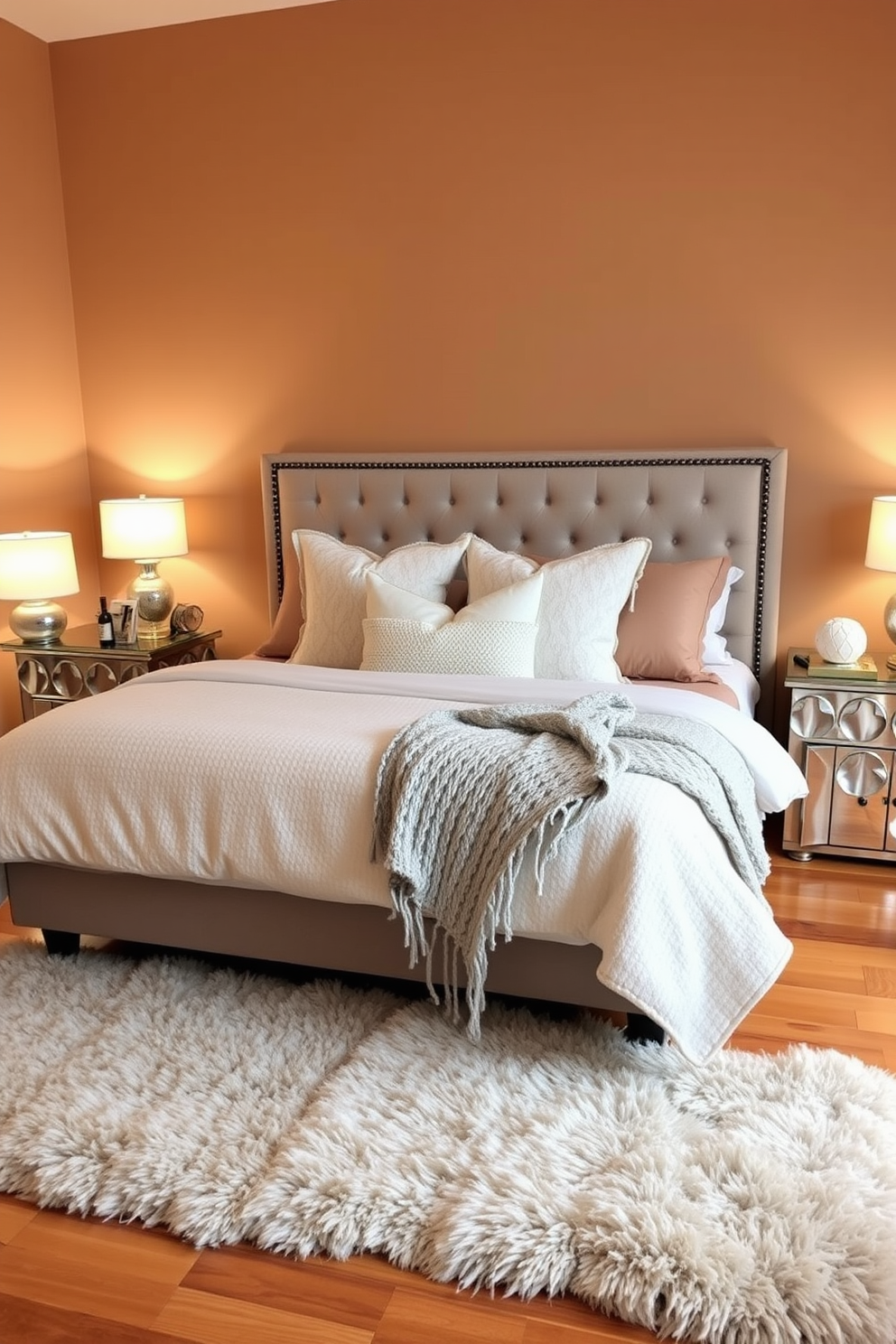 A cozy living room filled with warm-toned lighting creates an inviting atmosphere. Soft yellow lamps illuminate plush seating arranged around a rustic coffee table adorned with seasonal decorations. A beautifully decorated mantelpiece features evergreen garlands and twinkling fairy lights. Plush throw blankets and decorative pillows in rich reds and greens enhance the winter theme, inviting relaxation and warmth.