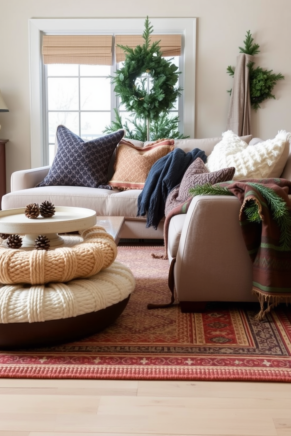 A cozy living room adorned with layered rugs in varying textures and patterns. The base rug is a large neutral jute mat, topped with a vibrant Persian rug that adds a pop of color and warmth. The space is decorated with winter-themed accents, such as soft throw blankets and decorative pillows in rich, warm hues. A beautifully styled coffee table features seasonal decor, including pinecones and candles, creating an inviting atmosphere.