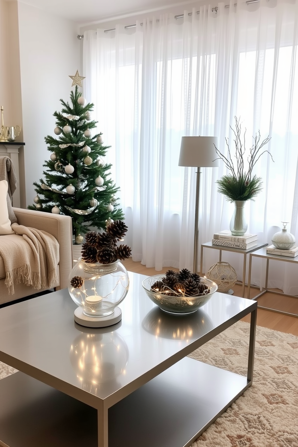 A cozy living room featuring rustic wooden furniture that adds warmth and charm. A large reclaimed wood coffee table sits in the center, surrounded by plush, oversized sofas adorned with soft, textured throws. The space is enhanced with winter decorating ideas, including evergreen garlands draped over the mantel and warm, ambient lighting from vintage-style lamps. A woven basket filled with blankets is placed beside the sofa, inviting relaxation during the colder months.