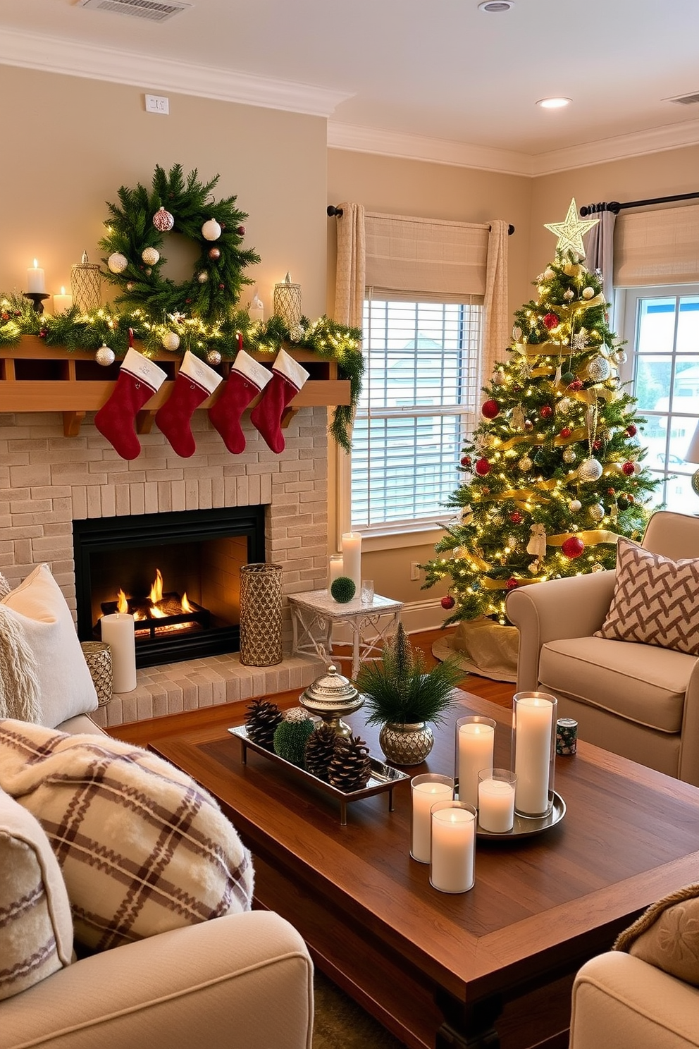 Charming mugs are beautifully arranged on open wooden shelves, showcasing a variety of colors and patterns. The shelves are adorned with twinkling fairy lights, creating a cozy ambiance perfect for winter. Seasonal decorations like pinecones and small evergreen branches are thoughtfully placed among the mugs. A soft, knitted throw drapes over a nearby chair, inviting warmth and comfort into the space.