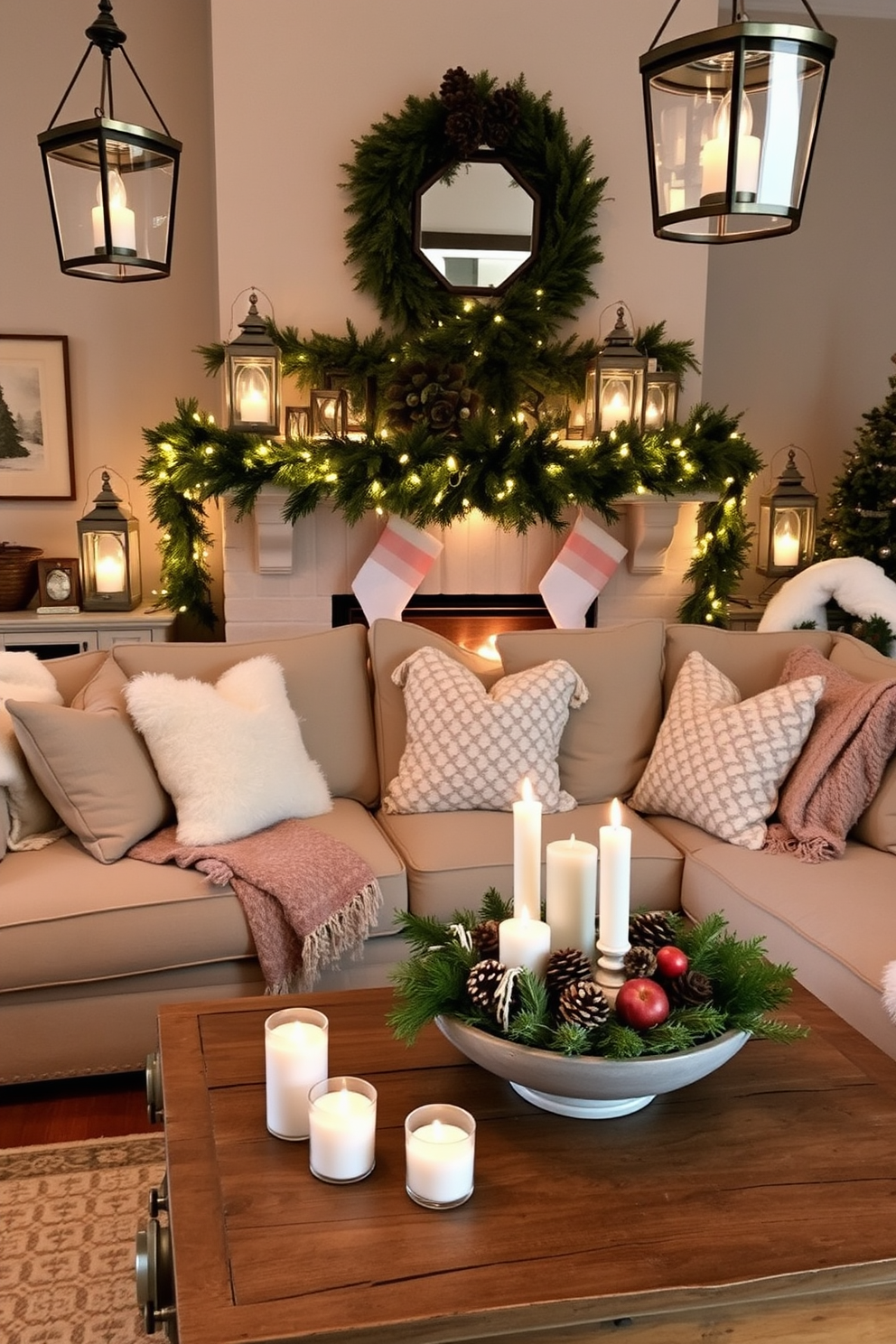 A cozy nook features a plush armchair draped with a soft throw blanket positioned next to a small side table. A stack of colorful books rests on the table, accompanied by a steaming cup of tea and a warm, inviting lamp casting a soft glow. For winter decorating ideas, the nook is adorned with seasonal accents such as pinecones and evergreen branches. A rich, textured rug lies beneath the chair, adding warmth and comfort to the space.