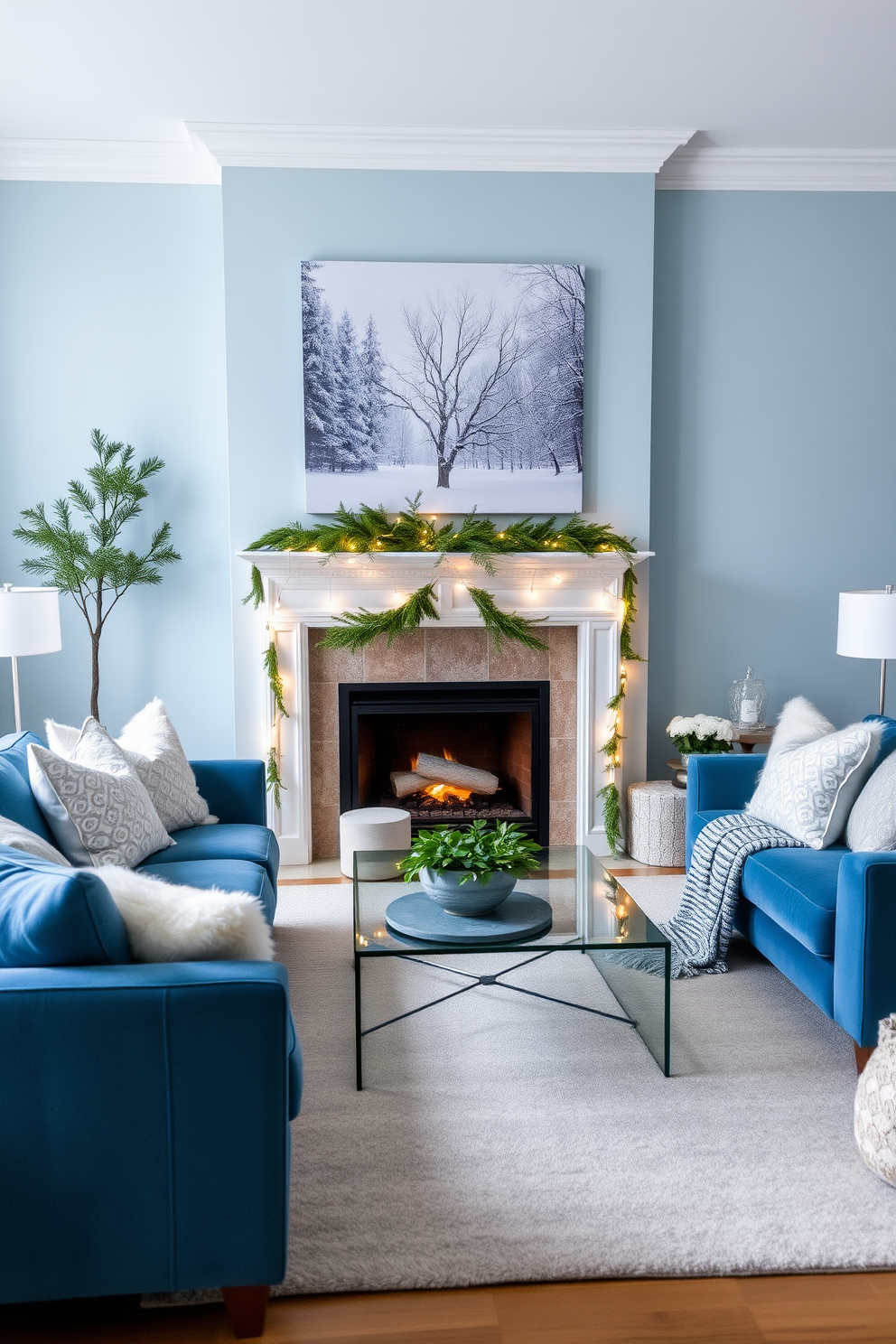 A cozy living room adorned with decorative garlands draped across the mantel. The garlands are lush with greenery and accented with twinkling fairy lights, creating a warm and inviting atmosphere. On the mantel, there are carefully arranged seasonal decorations including pinecones and candles in varying heights. The backdrop features a softly glowing fireplace, enhancing the winter charm of the space.