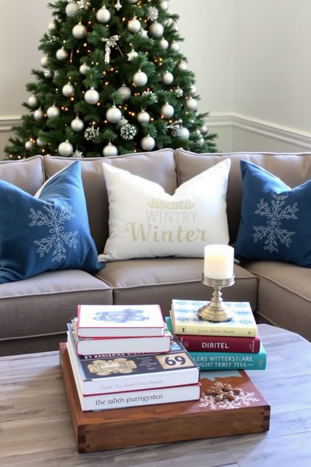 A cozy winter scene featuring candles in various sizes and shapes placed on a rustic wooden table. The soft glow of the candles illuminates the room, complemented by seasonal decorations like pinecones and evergreen branches.