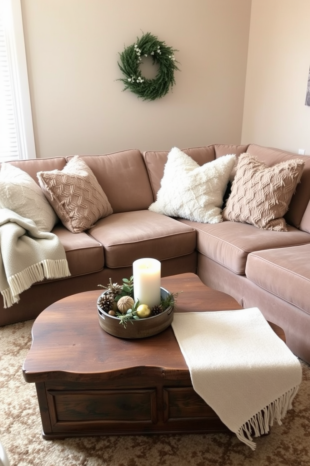 A cozy living room designed for winter comfort. The space features a plush sofa with soft upholstery in warm tones, surrounded by oversized throw blankets and decorative pillows. A stylish coffee table sits in front of the seating area, adorned with candles and seasonal décor. Large windows allow natural light to fill the room, while sheer curtains add a touch of elegance.